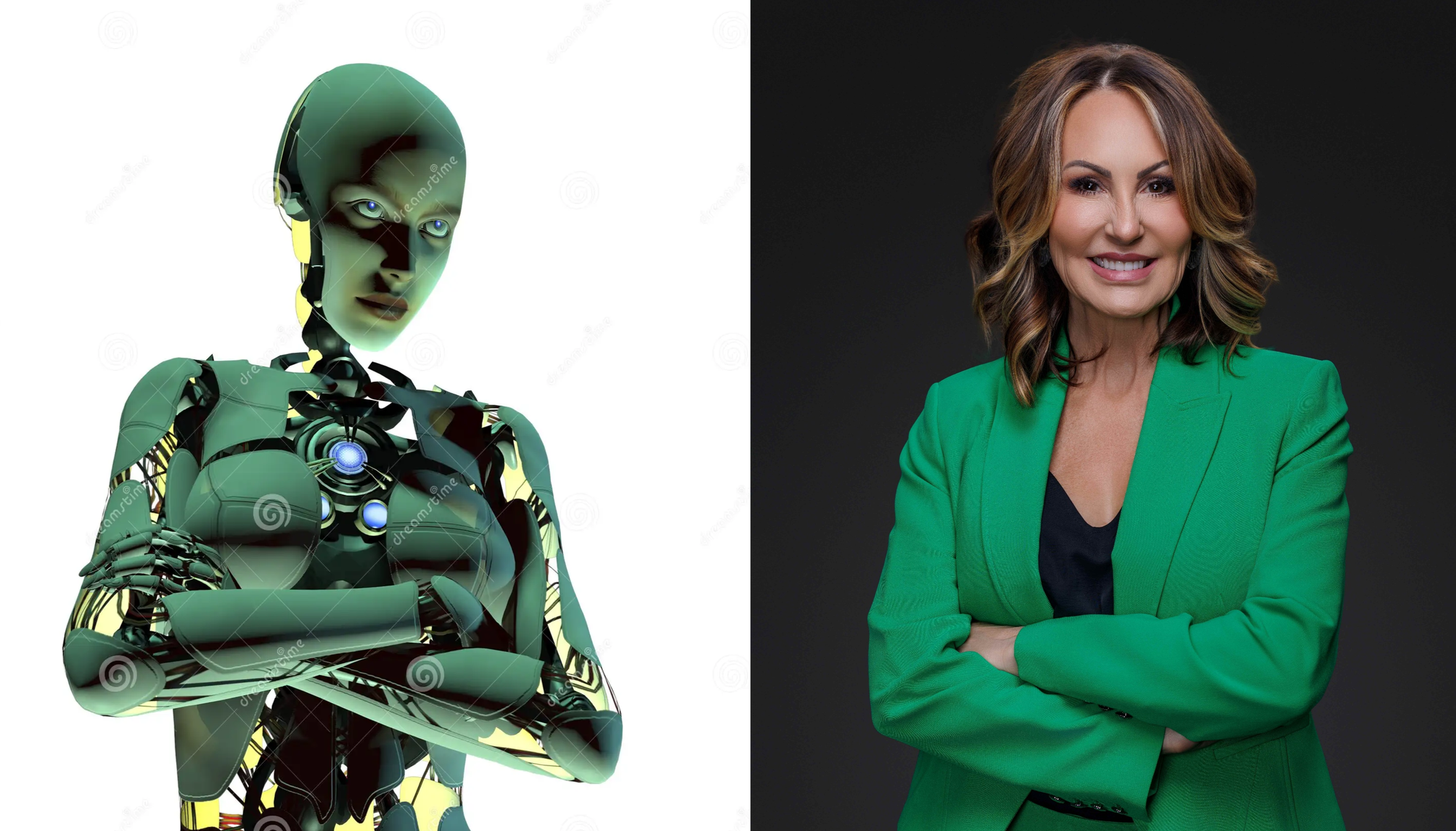 Split image showing a green robotic woman with a cybernetic appearance on the left and a smiling mature woman with shoulder-length brown hair wearing a green blazer on the right.
