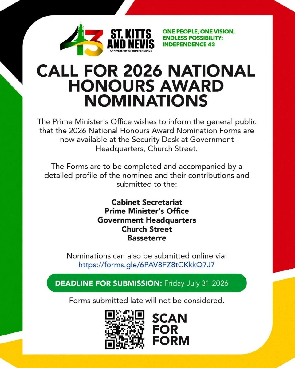 ST. KITTS AND NEVIS CALLS FOR 2026 NATIONAL HONOURS NOMINATIONS