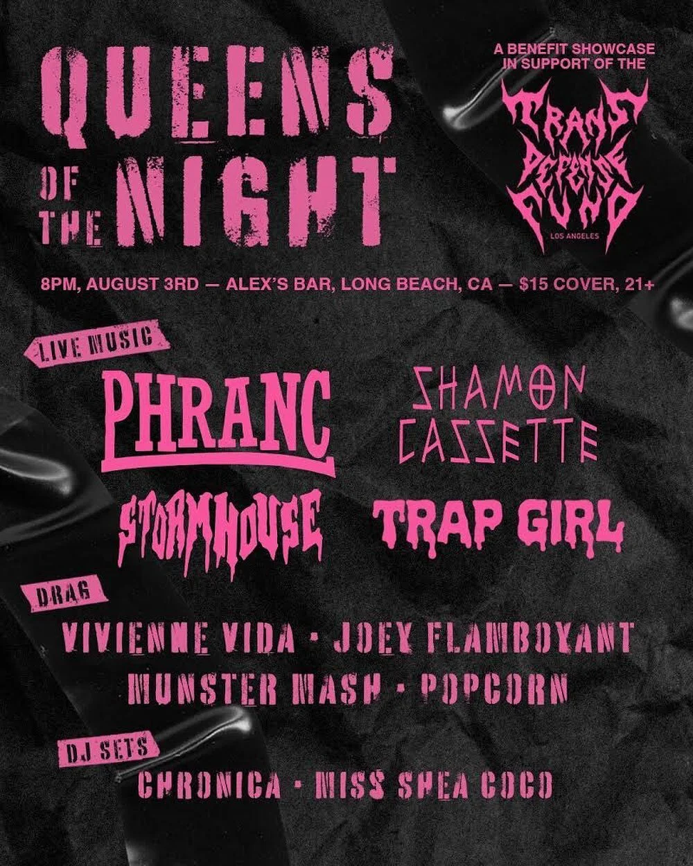 Come to QUEENS OF THE NIGHT, honoring and uplifting our Trans/Non-Binary siblings &mdash; a night of live music, drag, community and pure artistry Aug 3 at @alexsbarlbc! Thank you @markieannmedina @derekmathewg 🎀🏳️&zwj;⚧️