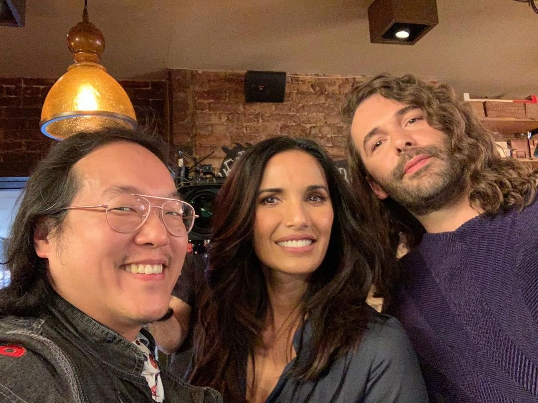 jvn jonathan van ness and padma lakshmi and joseph yoon take a selfie during set of getting curious