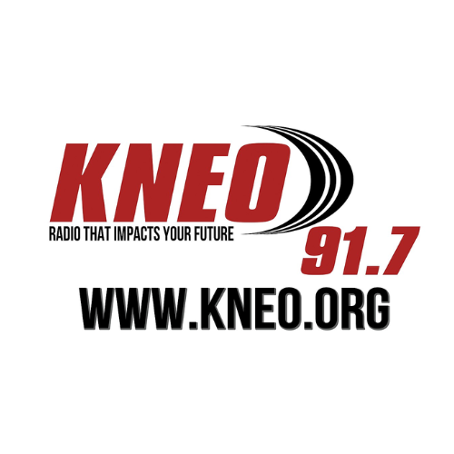 KNEO radio station logo with frequency 91.7, website www.kneo.org, and the tagline 'Radio That Impacts Your Future'.