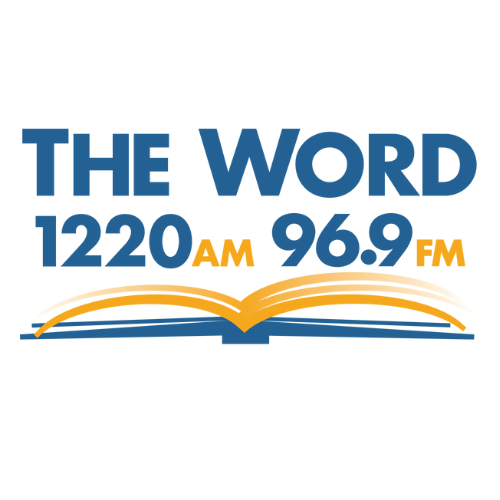 Logo for The Word radio station featuring frequencies 1220 AM and 96.9 FM with a stylized open book graphic.