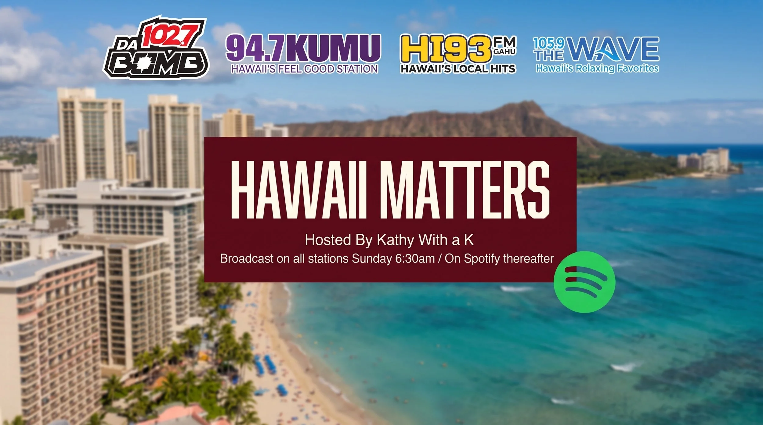 Aerial view of Waikiki Beach in Honolulu, Hawaii, with high-rise hotels along the shoreline, clear blue water, and the mountains in the background. Overlaid text promotes a radio show called 'Hawaii Matters' hosted by Kathy with a K, broadcasting on Sundays at 6:30 am and available on Spotify.