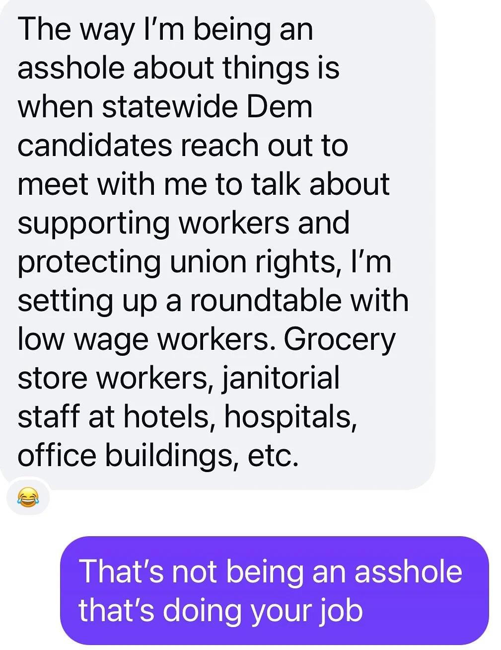 Had such a powerful conversation with a labor organizer today. So many candidates could learn so much by this. Stop trying to get endorsed by one leader, and meet the people she leads. If you want to help unite us&mdash;meet us.