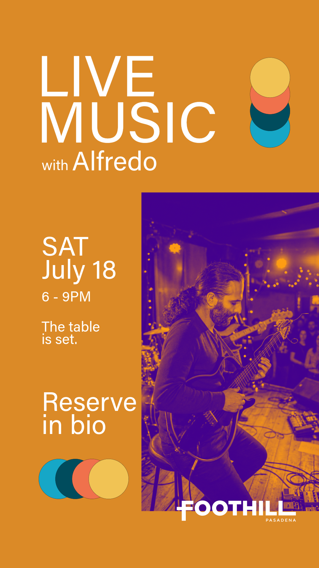 Event poster for live jazz music performance featuring Joe Lopiccolo and Sandro Feliciano, scheduled for Saturday, June 13 from 6:00 to 9:00 PM at Foothill Pasadena. Includes a call to action to reserve a table.