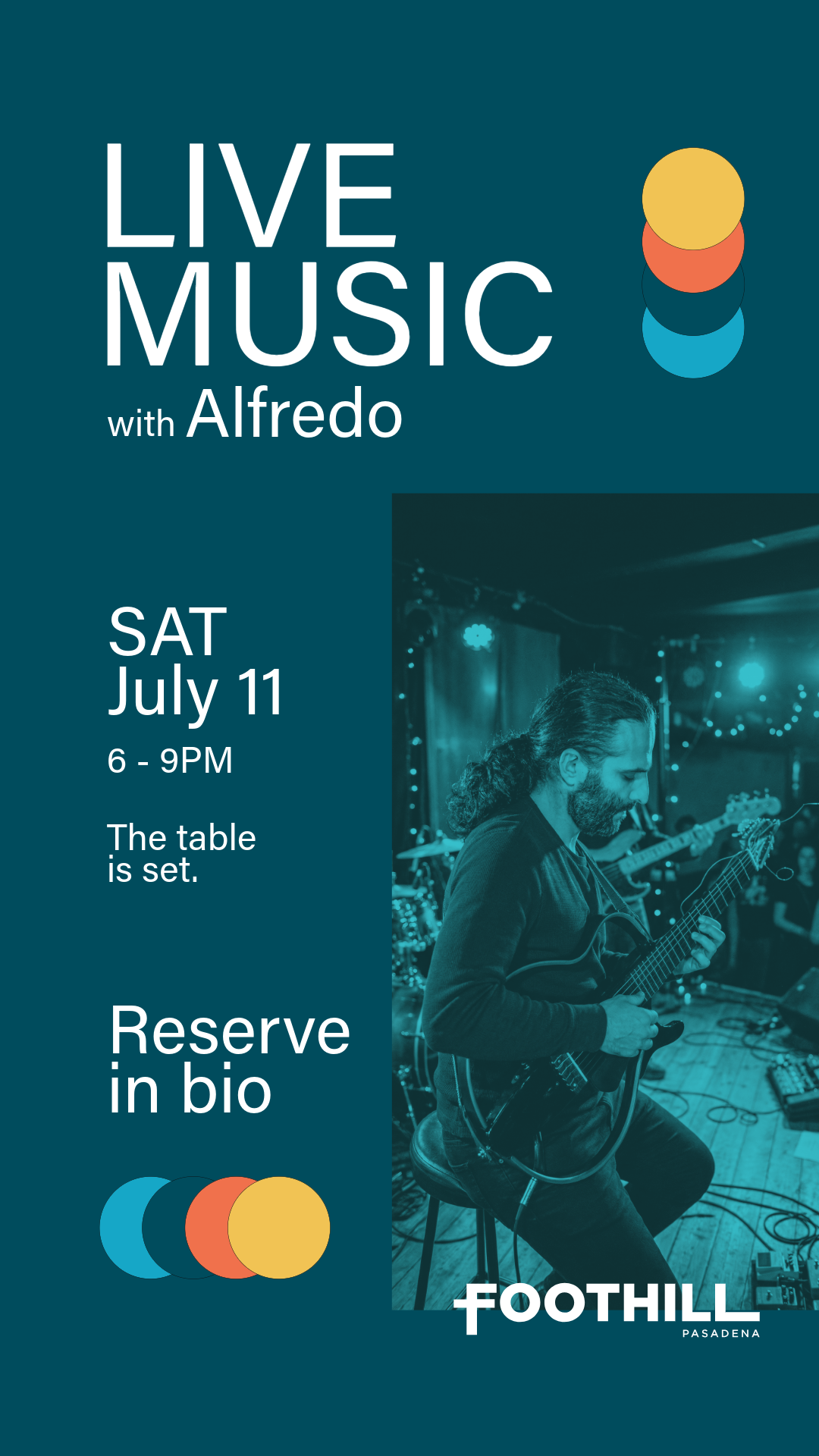 Event poster for 'Live Music with Marco' scheduled for Saturday, June 6 from 6:00 to 9:00 PM, encouraging neighborhood table sounds, with a call to reserve a table in bio, at Foothill Pasadena.
