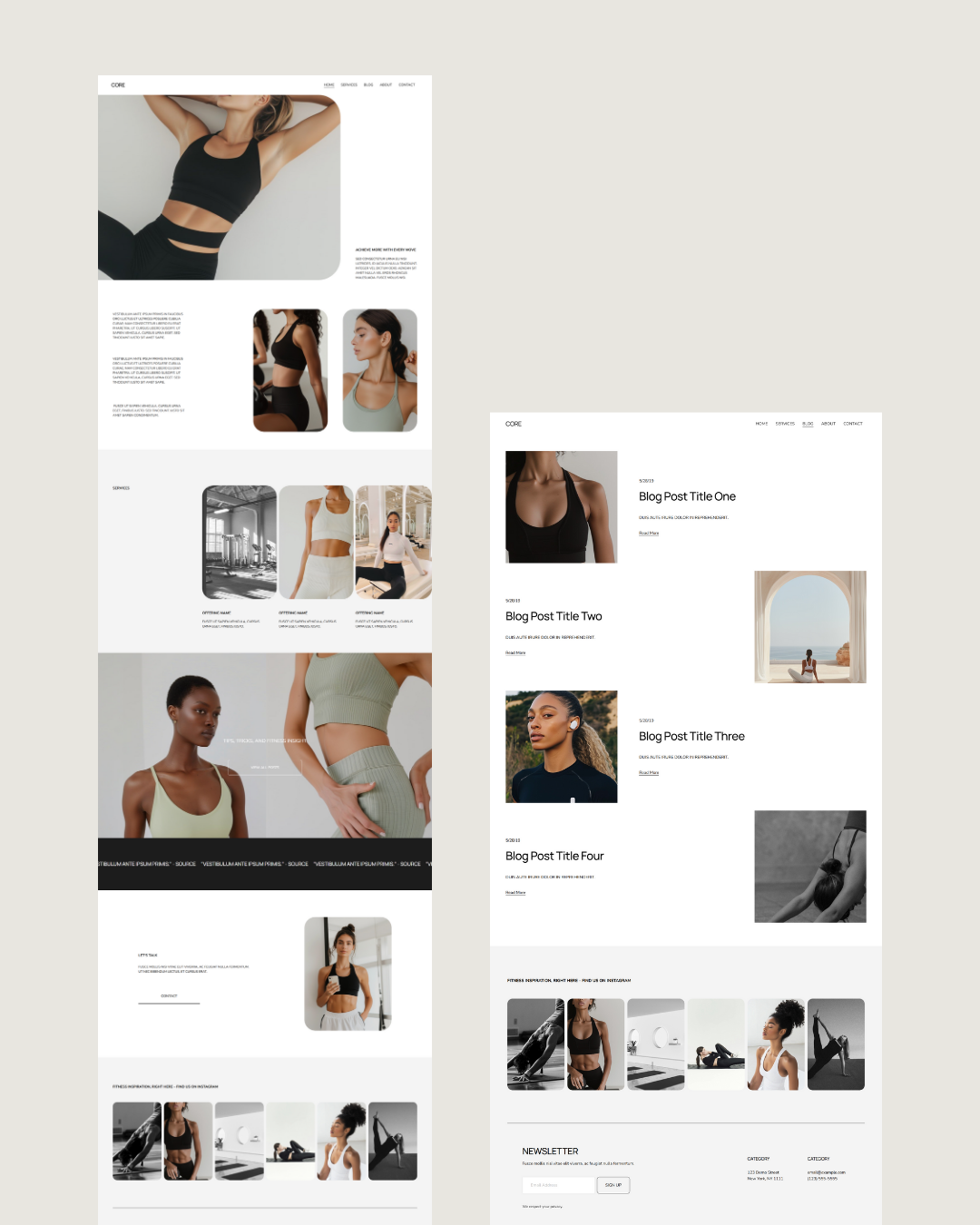 Clean minimal Squarespace website template for female fitness professionals