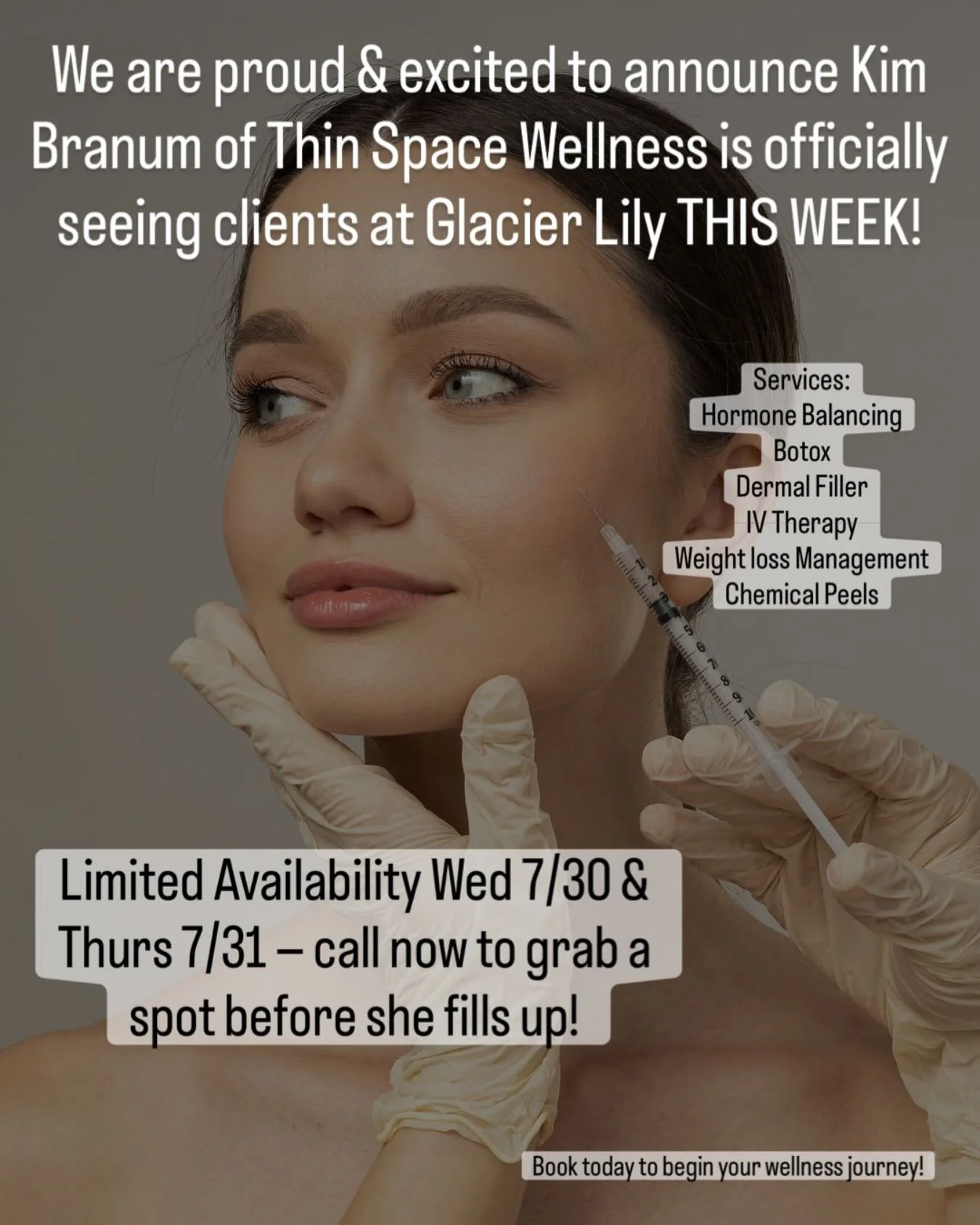Call 970.599.0301 to jump at the chance to work with Kim! We are ecstatic to have her at Glacier Lily Beauty- a knowledgeable professional who does incredible work!
Have you considered booking med spa services before?