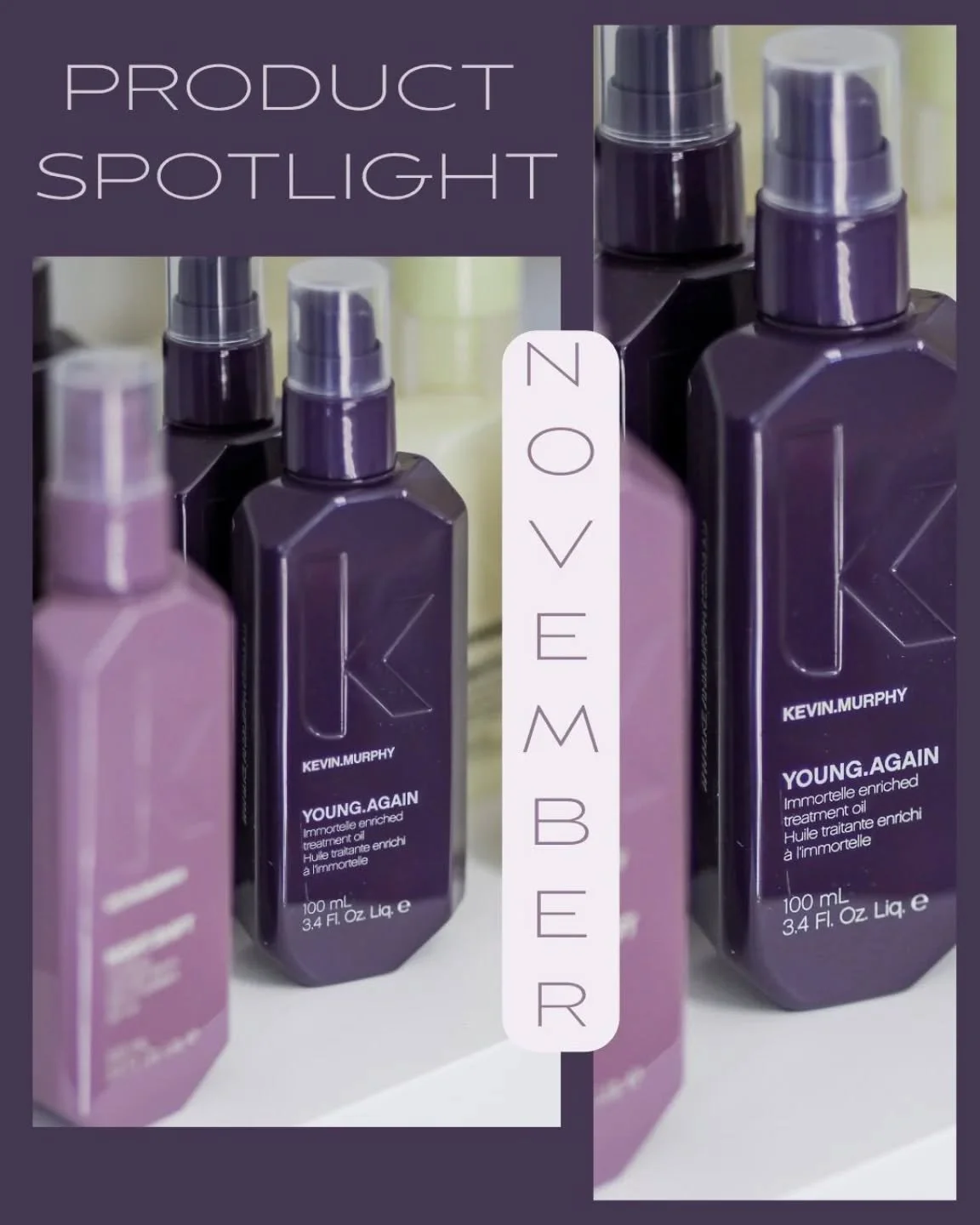 A new month means it's time for a new ✨️PRODUCT SPOTLIGHT!!✨️ This month, we're highlighting @kevin.murphy products, especially the Young.Again Immortelle Enriched Treatment Oil! This weightless oil treatment leaves hair stronger, smoother, and infus