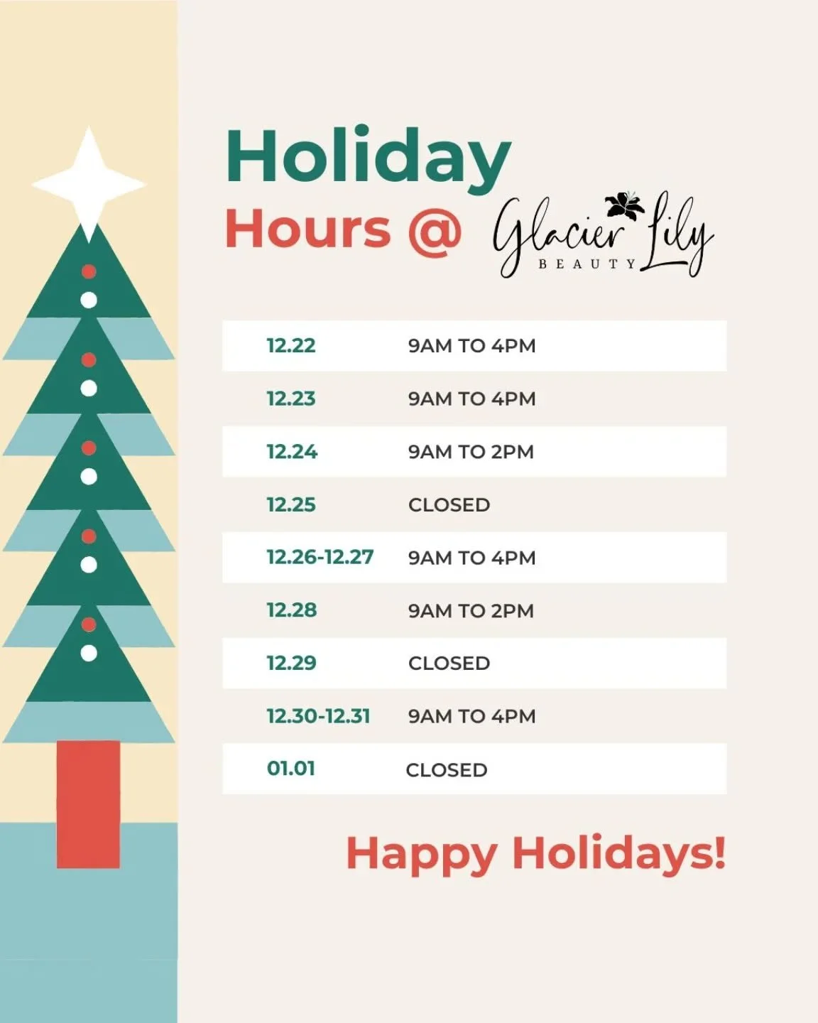 ⭐️⭐️ Take note of our *HOLIDAY HOURS* @glacierlilybeauty_ep!! And, come shop!! ⭐️⭐️