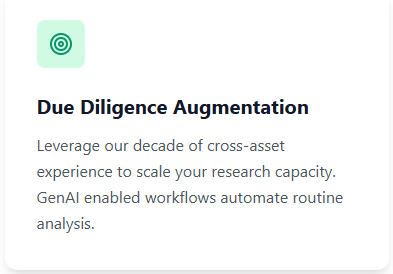 Text slide titled 'Due Diligence Augmentation' with a green target icon, describing leveraging cross-asset experience and GenAI workflows for research analysis.
