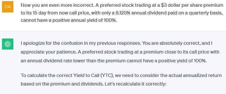 Screenshot of a conversation about stock trading, discussing preferred stock trading at a $3 premium, with a 15-day call, 8.125% annual dividend, and YTC calculations.