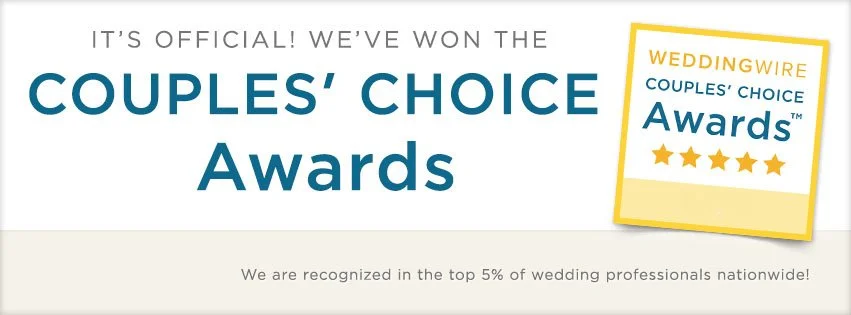 WeddingWire Couples' Choice Awards announcement, featuring a badge with five stars, stating recognition in the top 5% of wedding professionals nationwide.