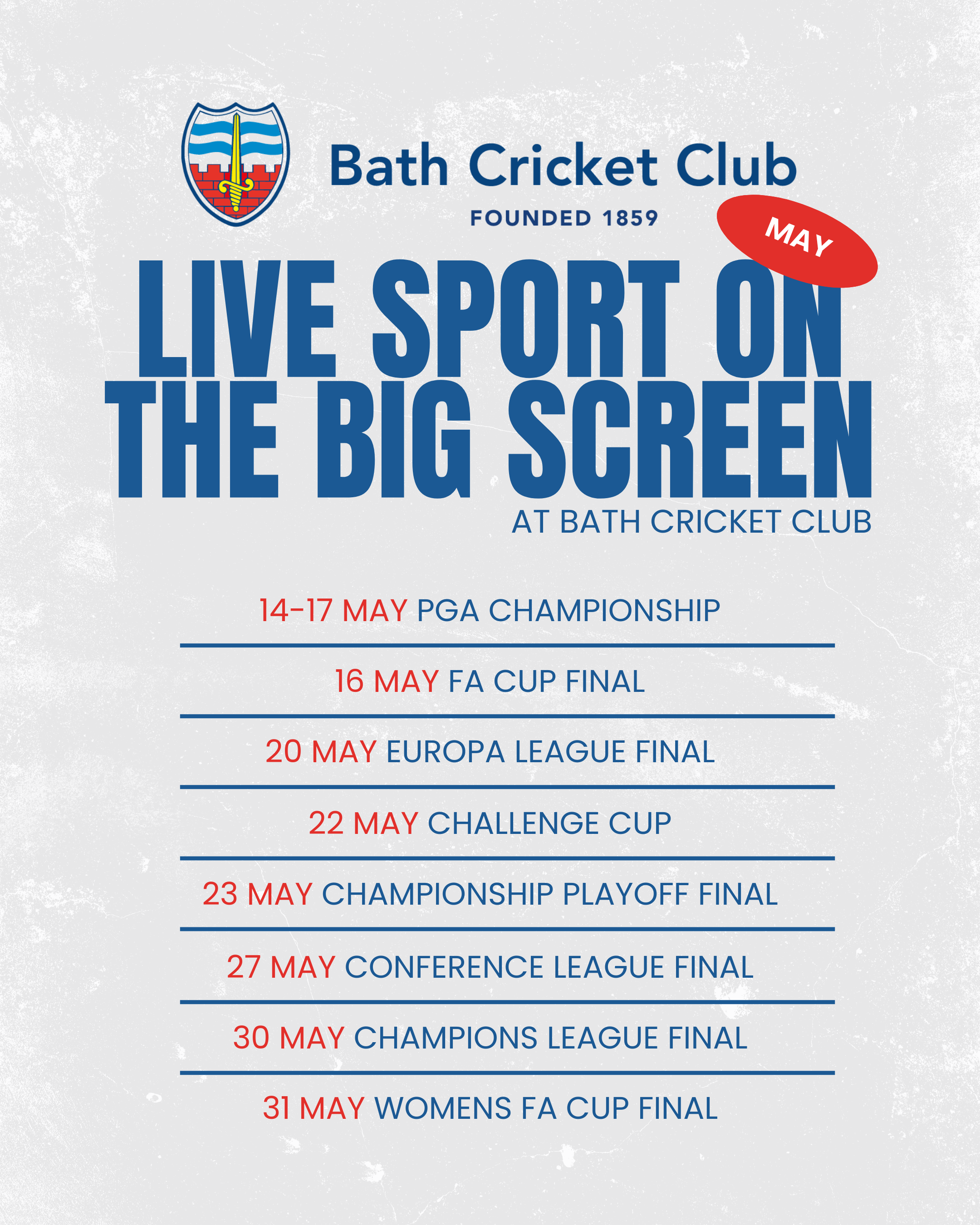 Schedule of events for Bath Cricket Club's 2023 season, including dates and tournaments such as PGA Championship, FA Cup Final, Europa League Final, Challenge Cup, Championship Playoff Final, Champions League Final, and Women's FA Cup Final.
