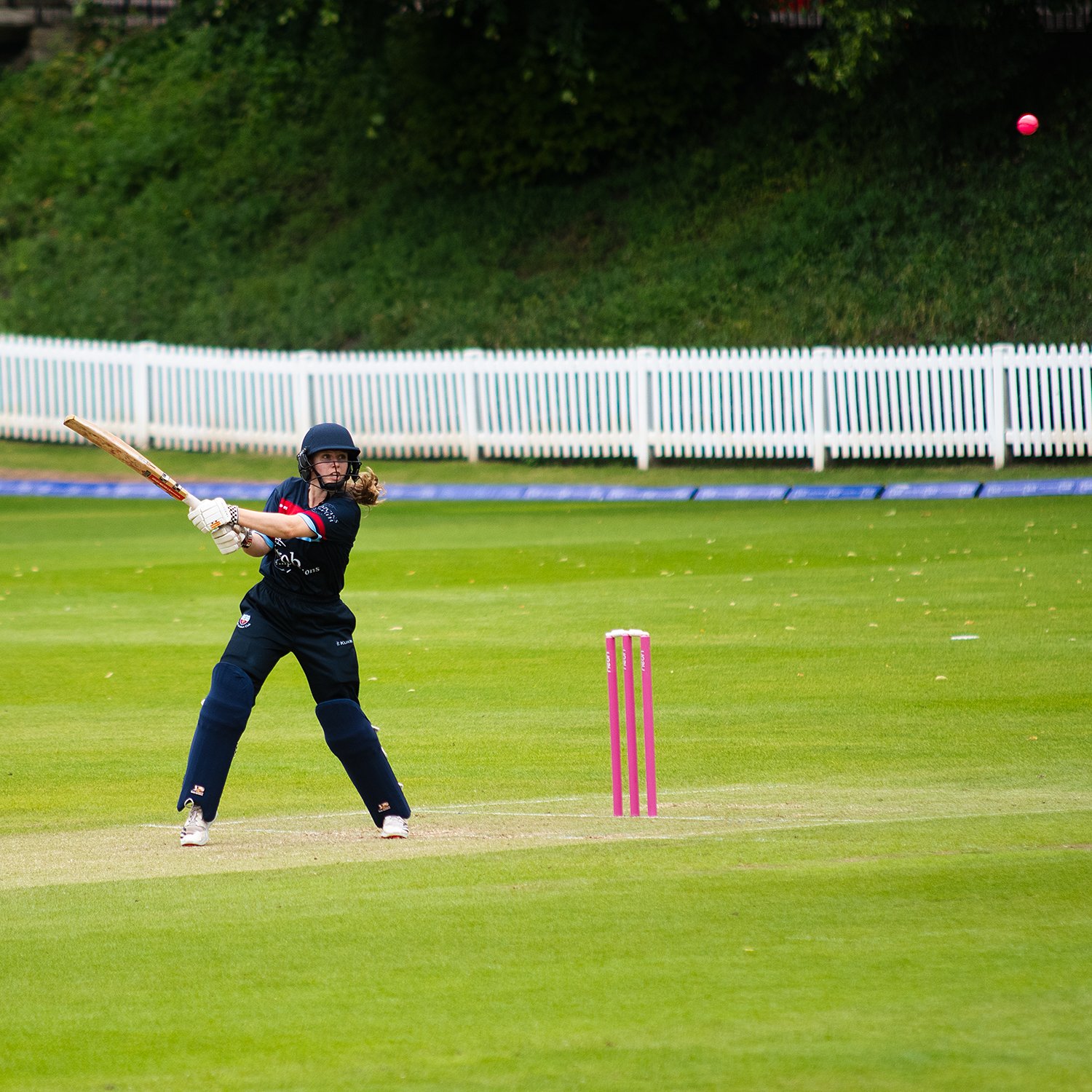 A female cricket player in black uniform and helmet batting on a cricket field during day time. There is a pink wicket and a cricket ball in the air, with a white fence and green trees in the background.