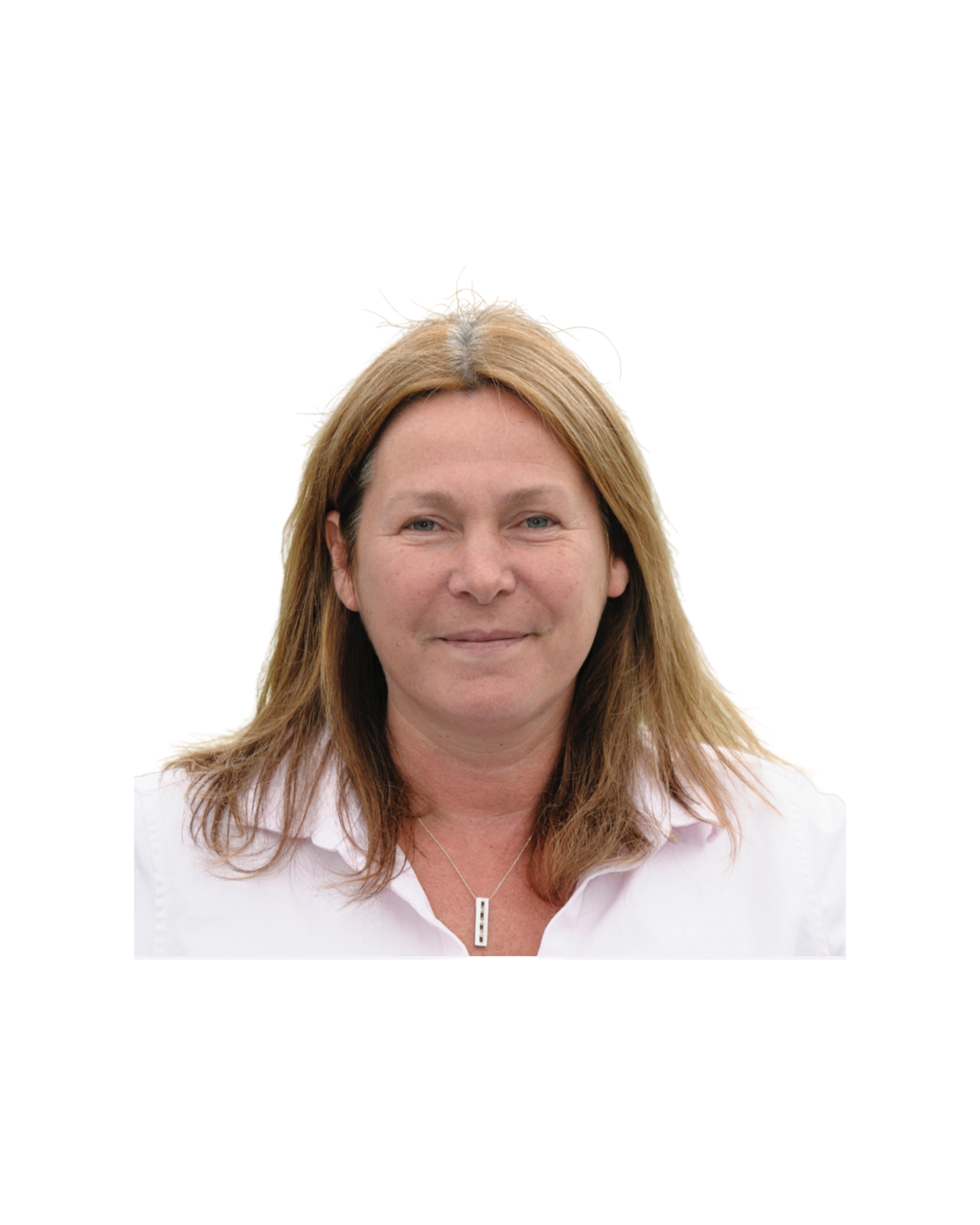 A woman with light brown hair and blue eyes smiling, wearing a light pink collared shirt with a zippered front.