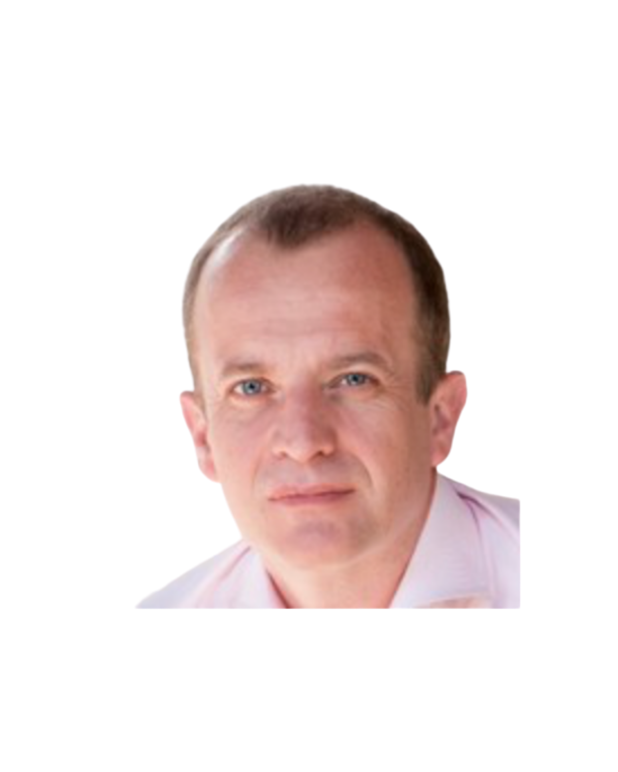 Close-up of a man with light skin, blue eyes, short brown hair, and wearing a light pink shirt.