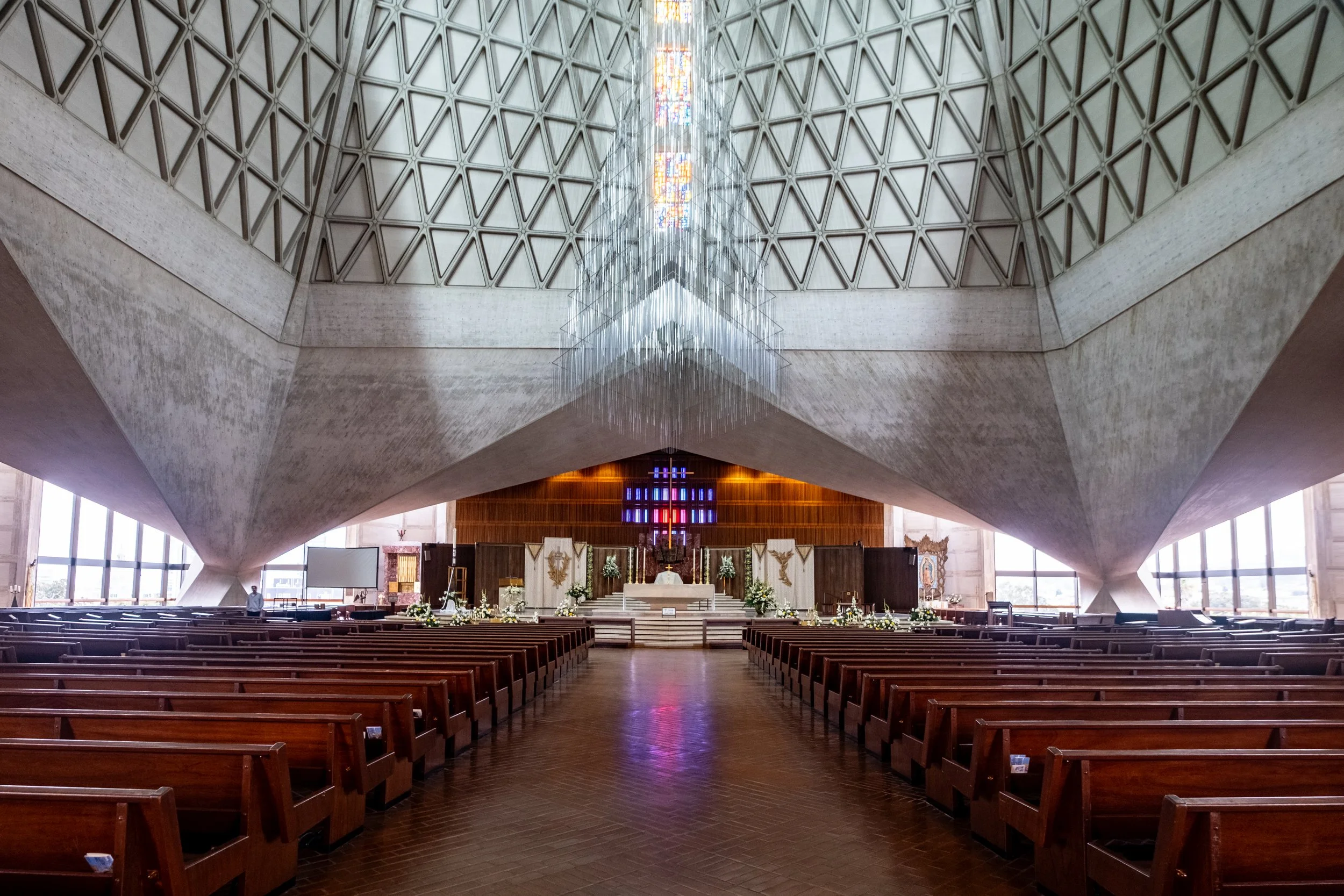 Interior detail of Pier Luigi Nervi’s concrete coffers and hyperbolic paraboloid shell at St. Mary’s Cathedral, San Francisco.
