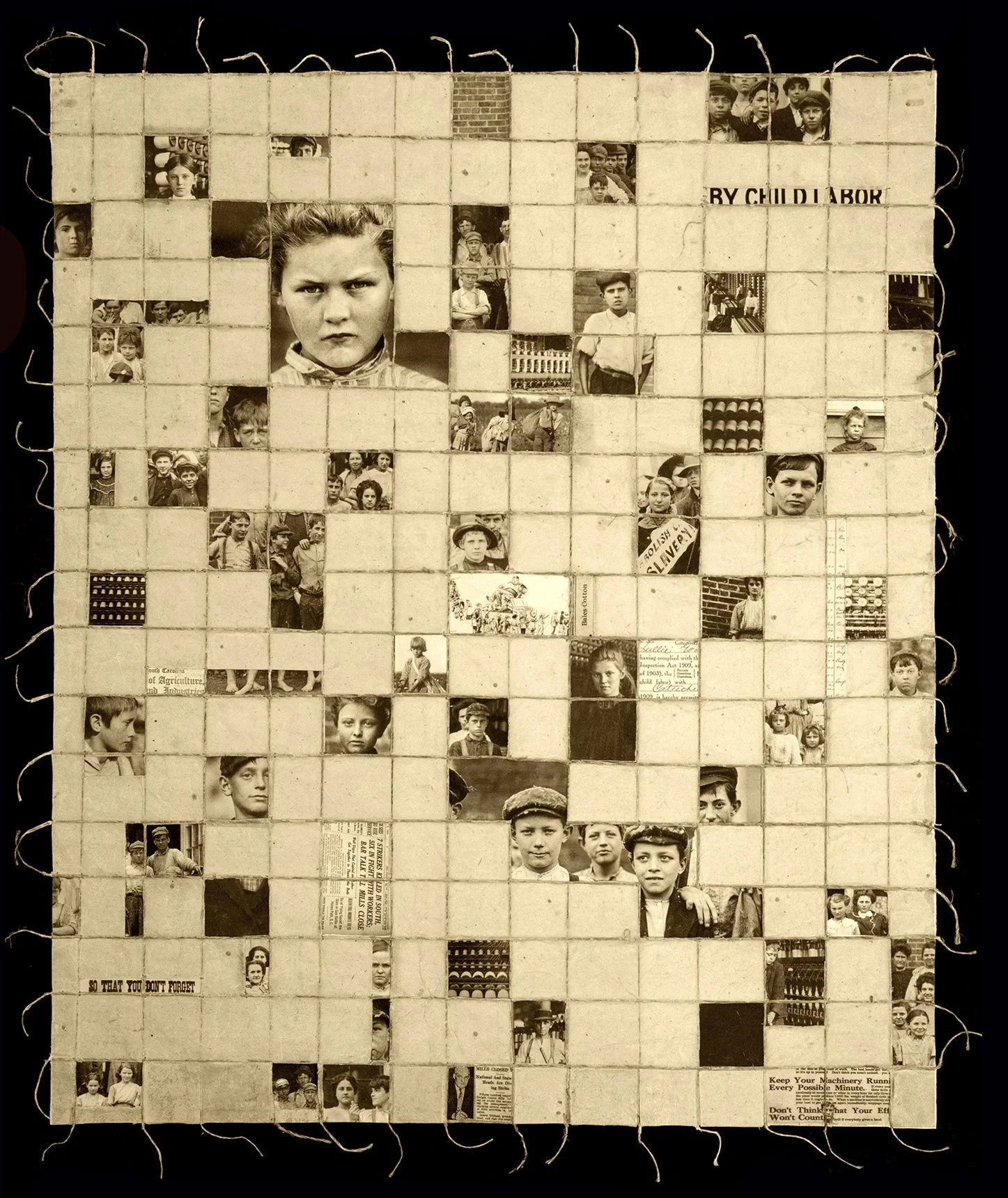  Layers of Time 27  
Collage on Black Ink Nepalese Oil Paper with historic photographs of Carolina textile mill workers.  
28 in x 31 in  
$1200

