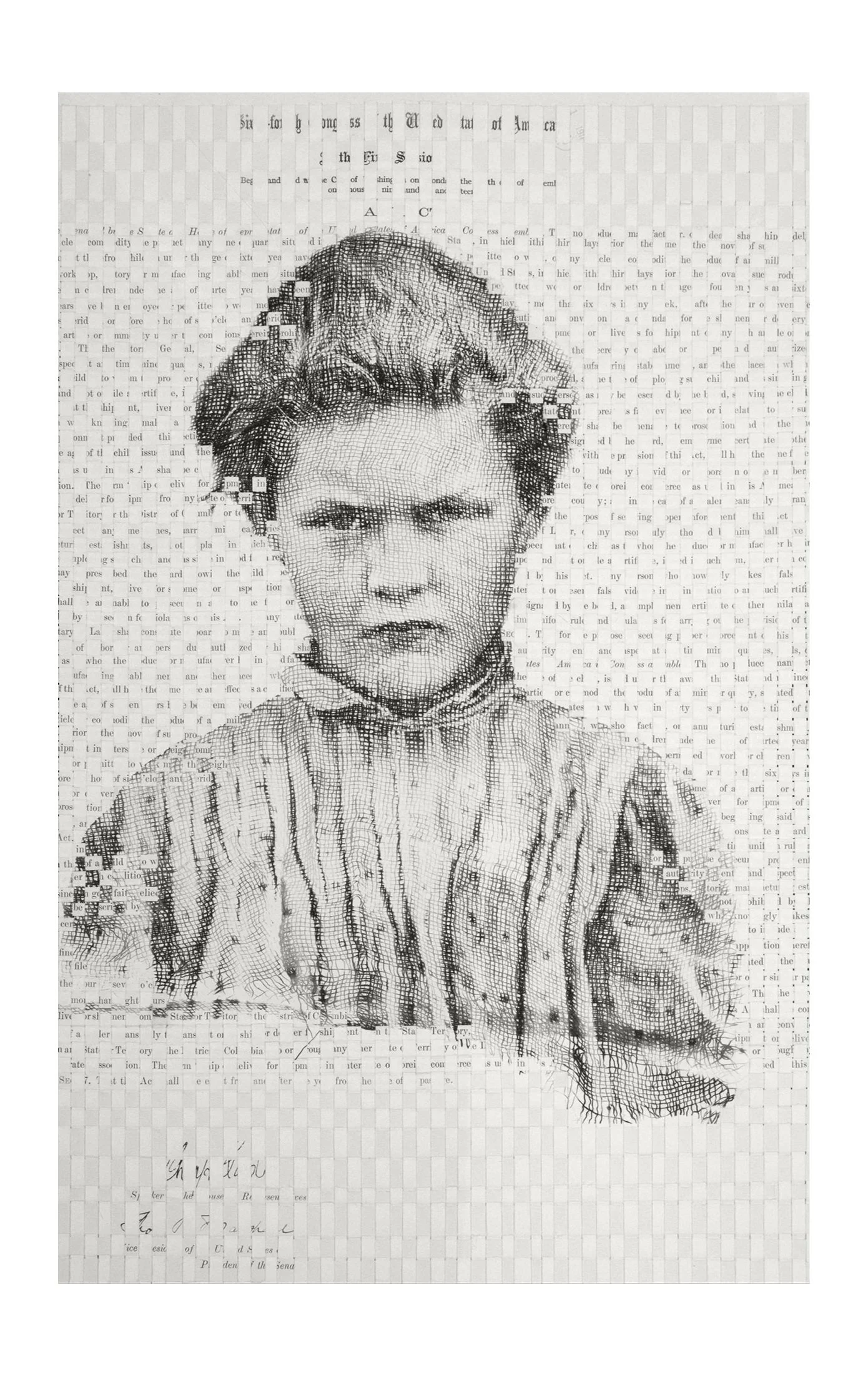  Layers of Time 25  
Child Textile Worker, with woven words from the 1916 proposed federal law to regulate child labor.  
This document paved the way for the 1938 national Fair Labor Standards Act.  
Multimedia-photographic assemblage with woven sect