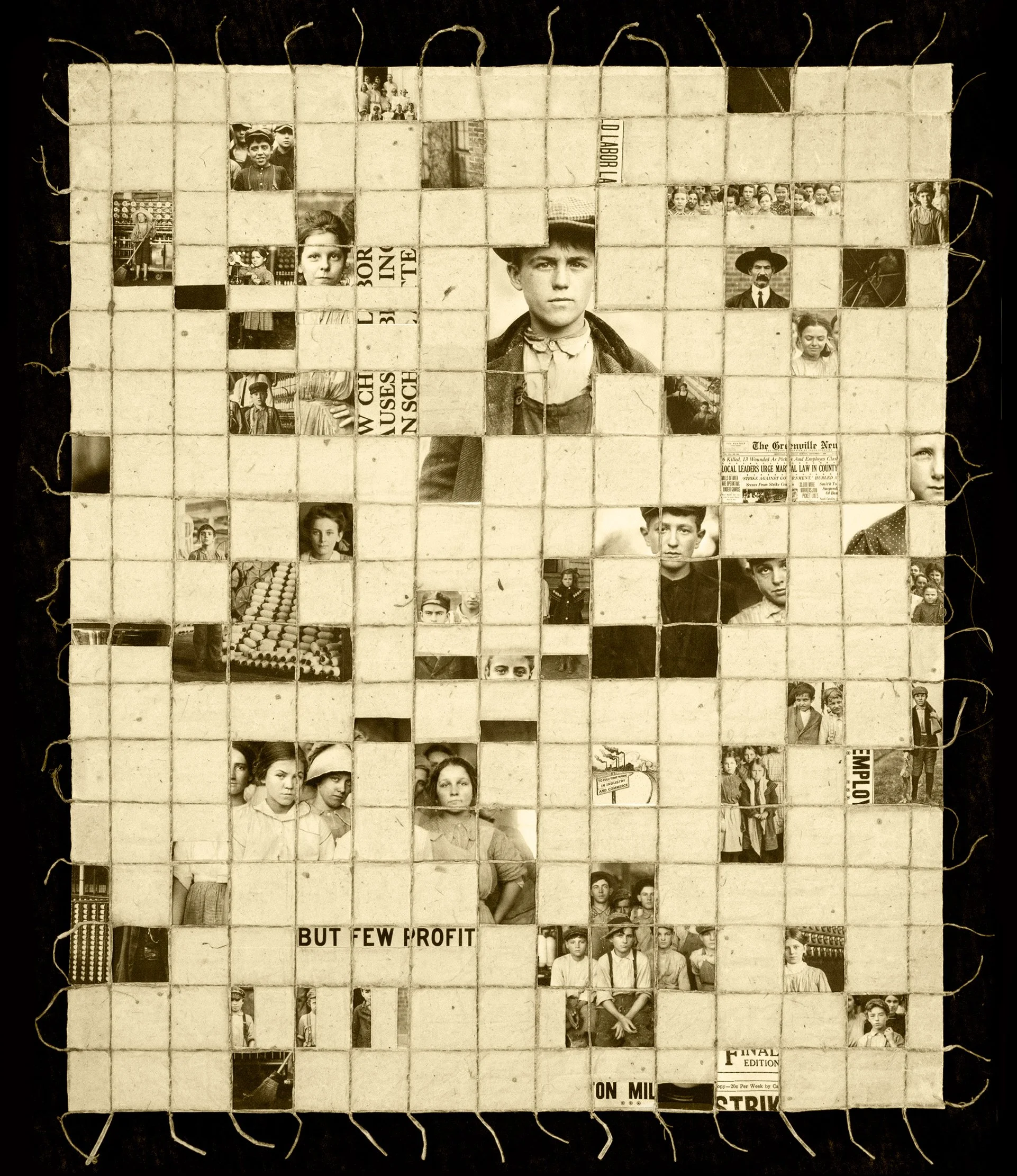  Layers of Time 28  
Collage on Black Ink Nepalese Oil Paper with historic photographs of Carolina textile mill workers.  
28 in x 31 in   
$1200
 