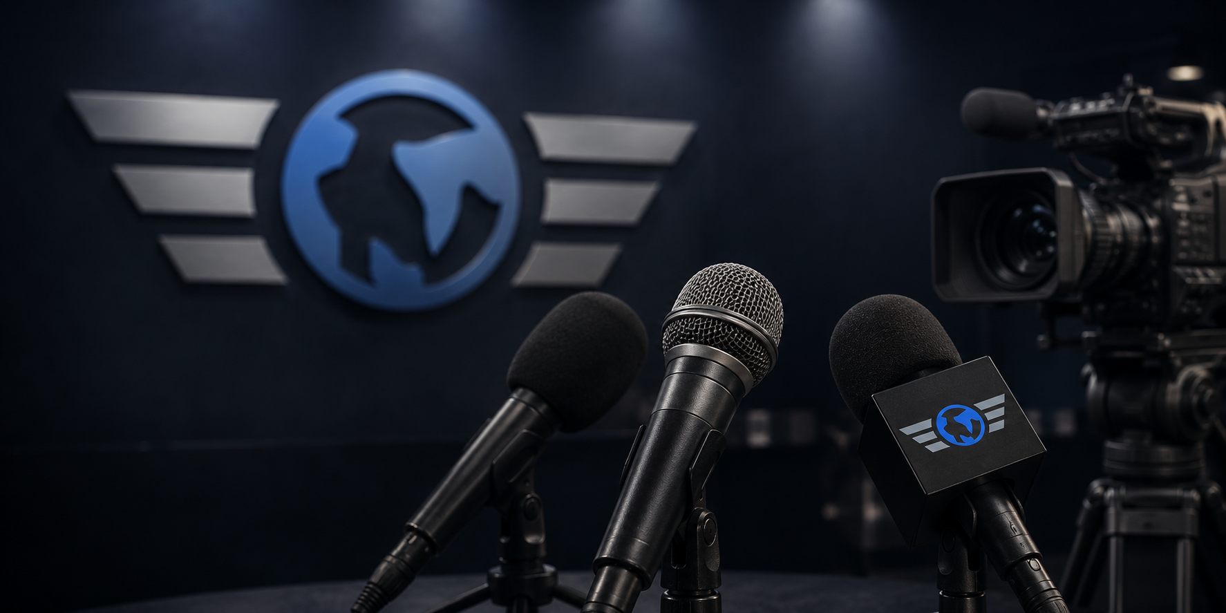 Chase Global's press conference setup with microphones and a camera in front of a logo featuring a globe and wings in a dark room.
