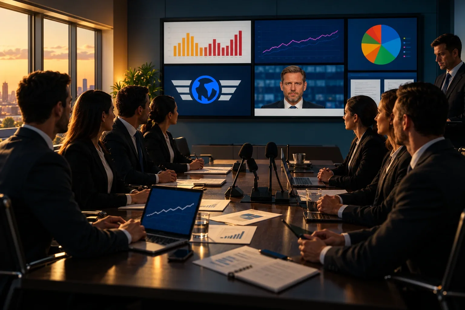 Executives meet in a cinematic boardroom, with charts, a video interview and the Chase Global globe-and-wings logo on the wall display.