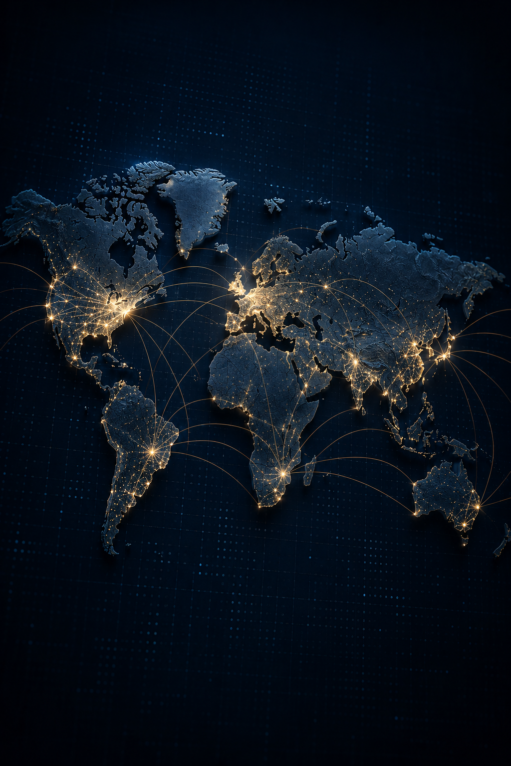 A digital world map with illuminated connecting lines between continents, showing global communication or networks.