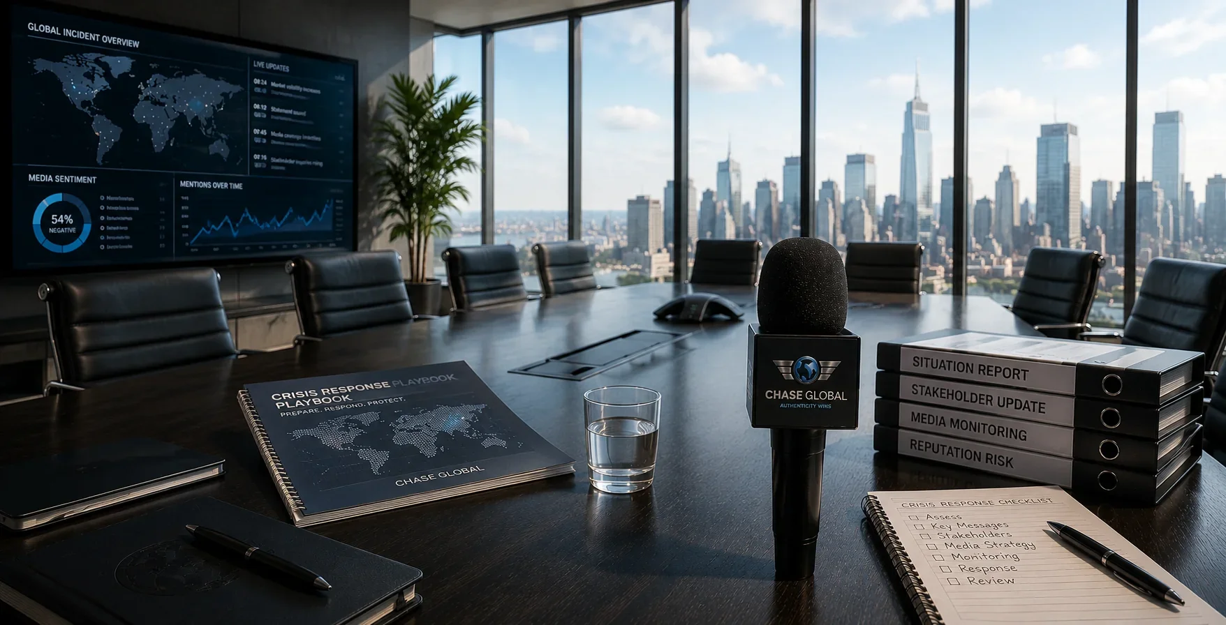 Chase Global crisis response conference room overlooking a city skyline, with microphones, a crisis response checklist, and binders for situation reports, stakeholder updates, media monitoring and reputation risks.