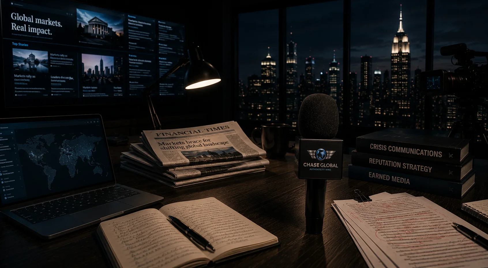 Nighttime Chase Global office overlooking a city skyline, with a world map on a laptop, newspaper, branded microphone, camera, notebooks, and books on crisis communications, reputation strategy and earned media.