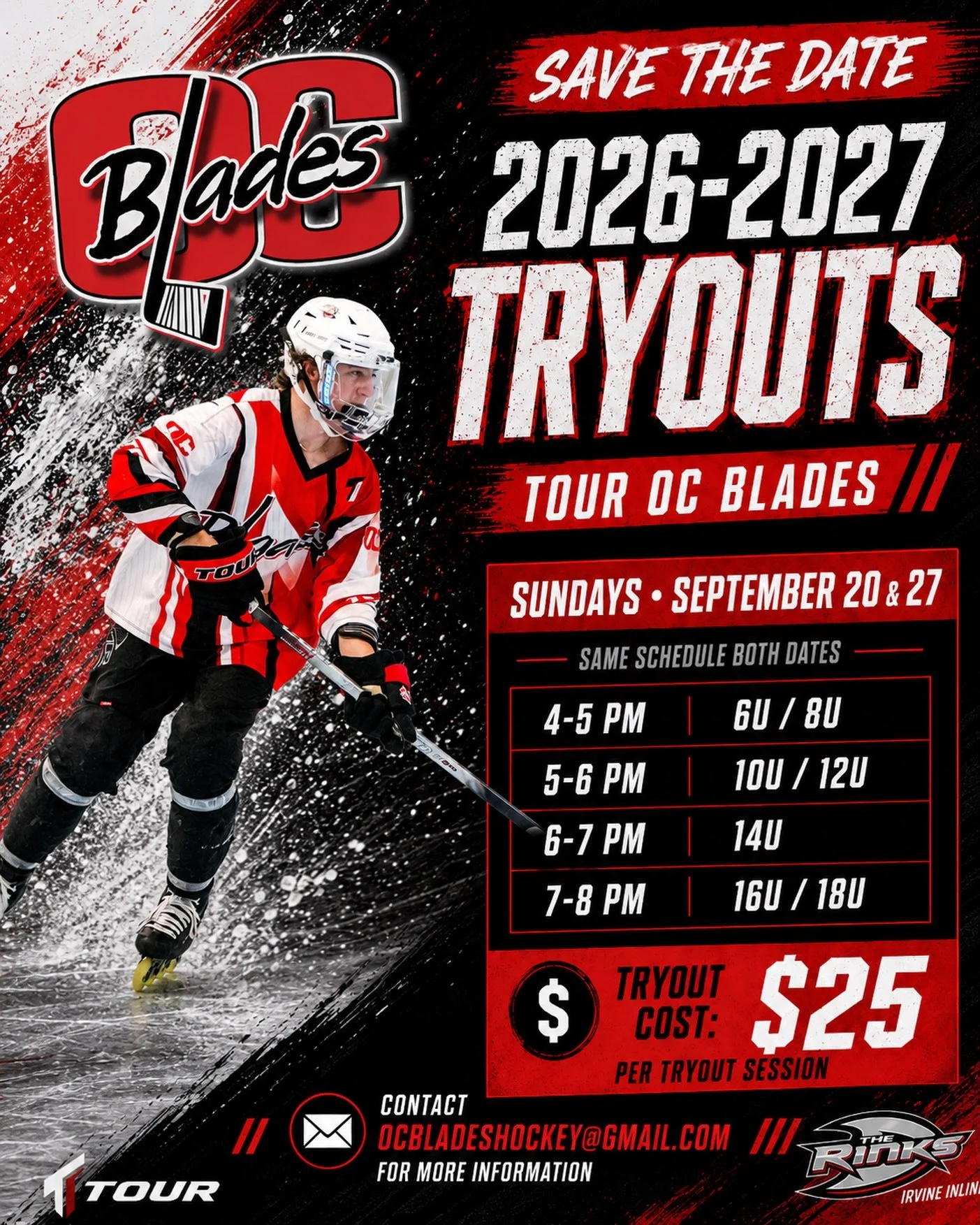 🚨 NEWS ALERT🚨 

Get ready - Tryouts are officially set for Sunday, September 20 &amp; Sunday, September 27 at The Rinks &ndash; Irvine Inline. Don&rsquo;t miss your chance on being apart of the next chapter of the @tourhockey OC Blades legacy.

🔥 