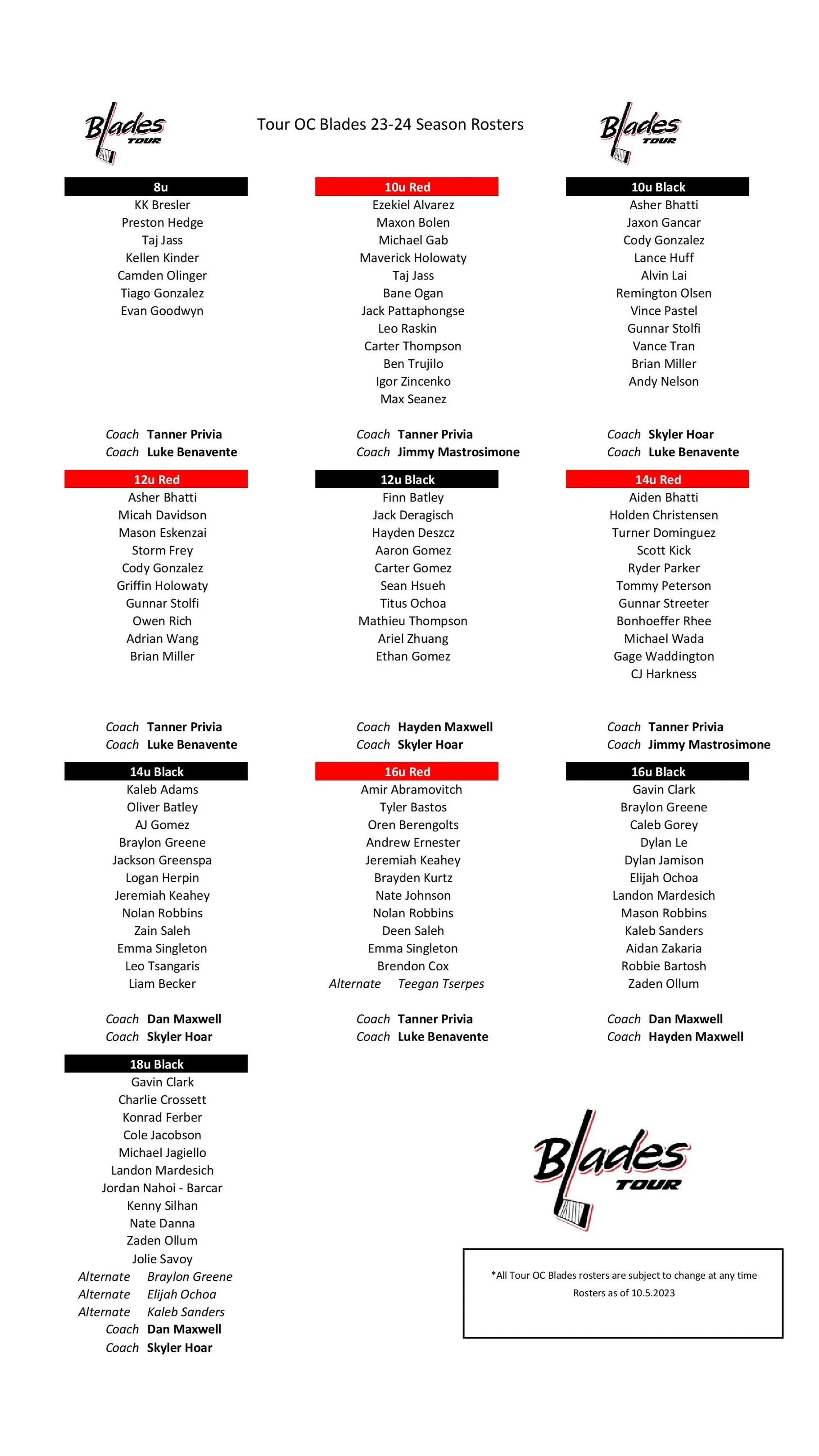 Tour OC Blades Announce 2023 2024 Season Rosters — Tour OC Blades Hockey