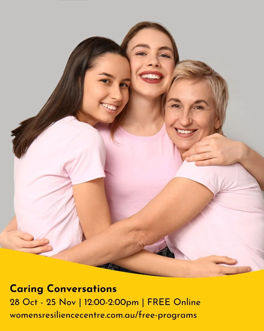 Rebuild your emotional foundation! Our FREE Caring Conversations program starts Tuesday, 28 October!

This 5-week online program helps women recover from life's challenges and rebuild emotional resilience in a safe, supportive environment.

This prog