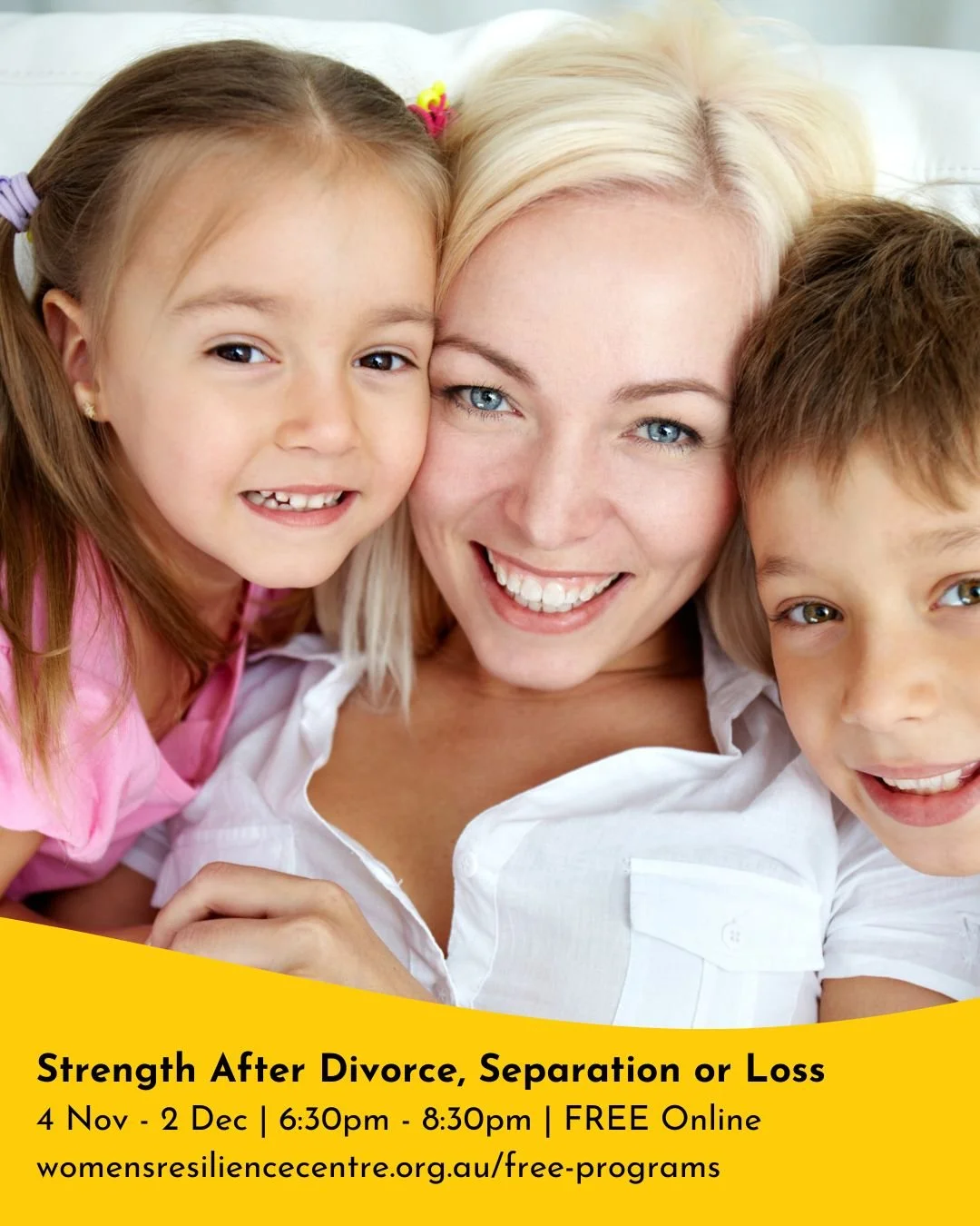 Ready to reset your life? Our FREE Strength After Divorce, Separation or Loss program starts Tuesday, 4 November.

This 5-week online program is designed for women wanting to rebuild their lives after experiencing domestic violence, abuse, trauma, or