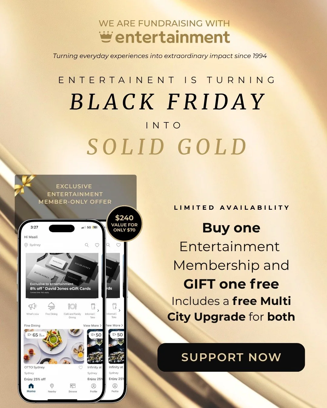 BLACK FRIDAY TURNS INTO SOLID GOLD! 👑💛

For a strictly limited time, buy one @entertainment_anz  Membership for yourself and you will get one FREE to gift to someone else, with Multi-City access on both.That&rsquo;s $240 value for just $70! Perfect