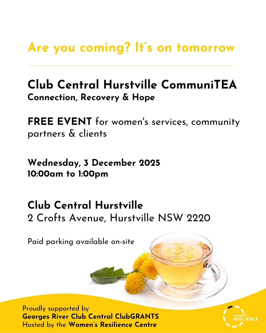 You&rsquo;re Invited: Club Central Hurstville CommuniTEA 🌿

Join us for a morning dedicated to connection, wellbeing, and real support for women and the frontline services that walk beside them.

Expect a heartfelt Welcome to Country, an introductio