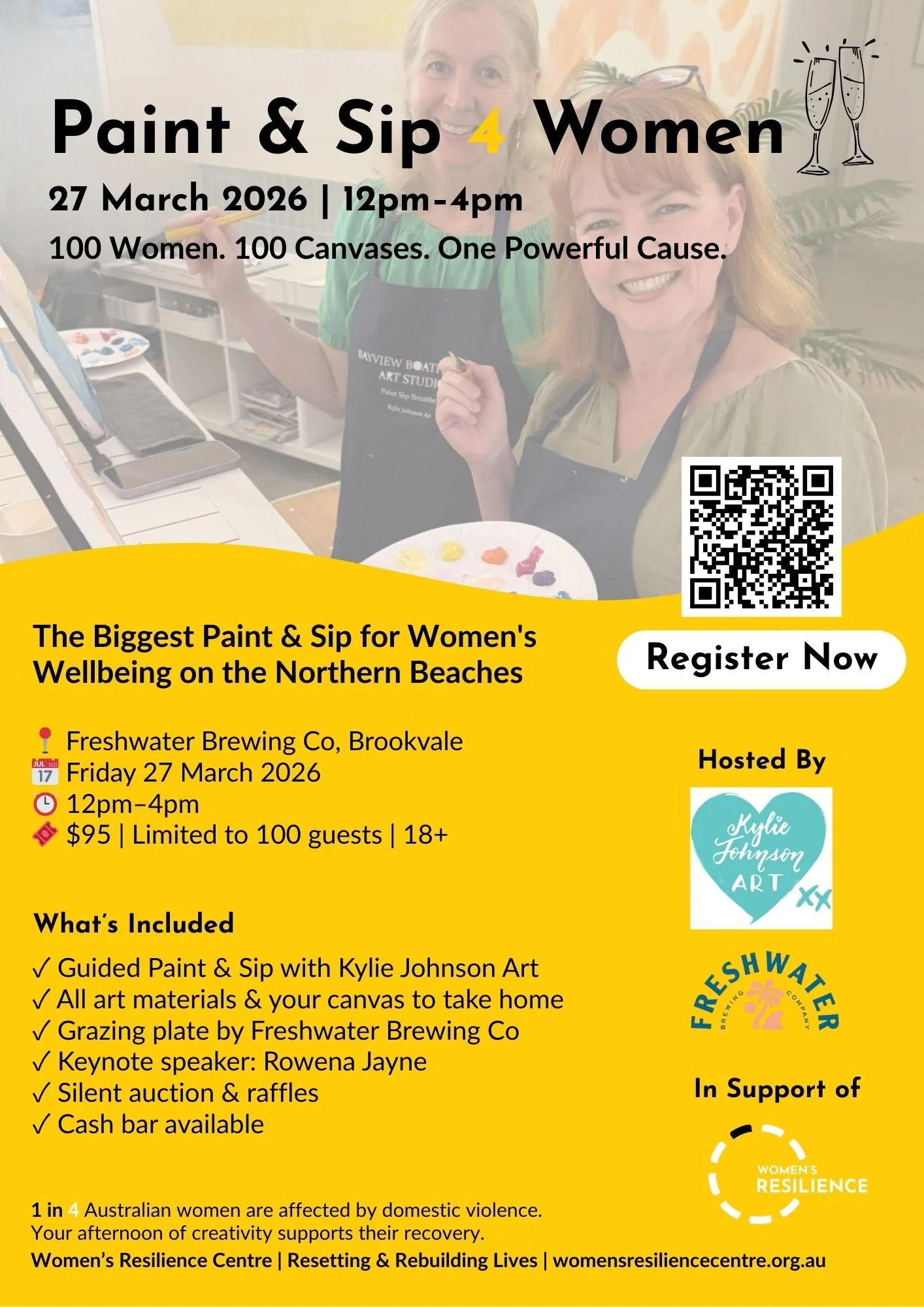 🎨 Calling all Northern Beaches women!

Help us break a record and make history at Paint &amp; Sip 4 Women, the biggest Paint &amp; Sip for women&rsquo;s wellbeing!

Here&rsquo;s what&rsquo;s included:
✓ Guided Paint &amp; Sip with Kylie Johnson Art
