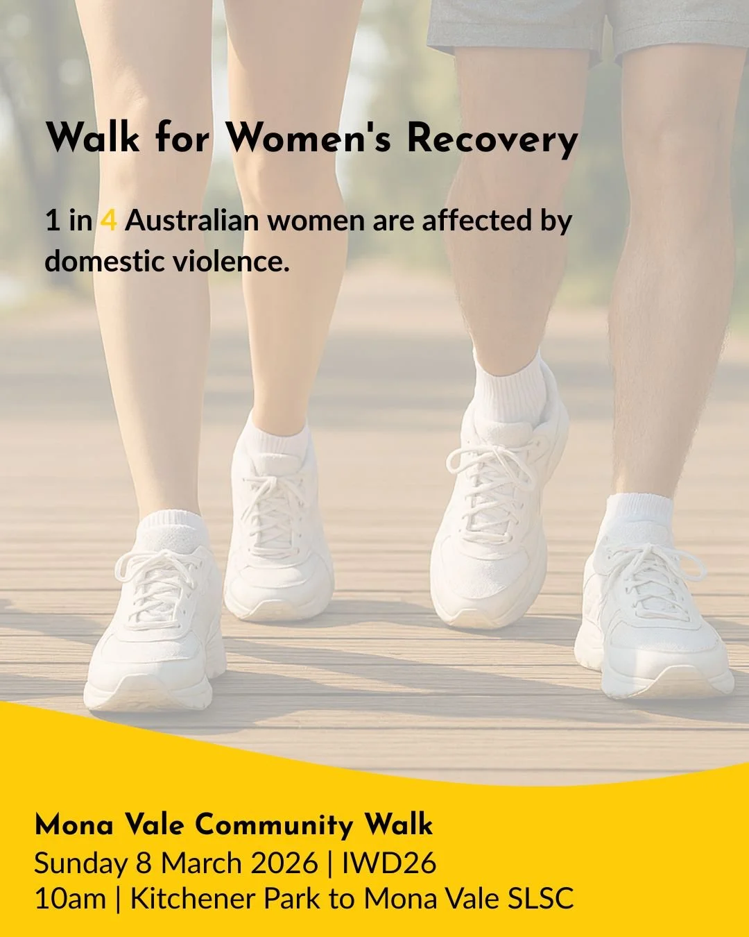 This International Women's Day, join your Northern Beaches community for a powerful walk supporting women's recovery

Sunday 8 March 2026
10am - Gather at Kitchener Park (opposite The Resilience Circle, behind B-Line bus stop)
10:30am - Walk begins
B