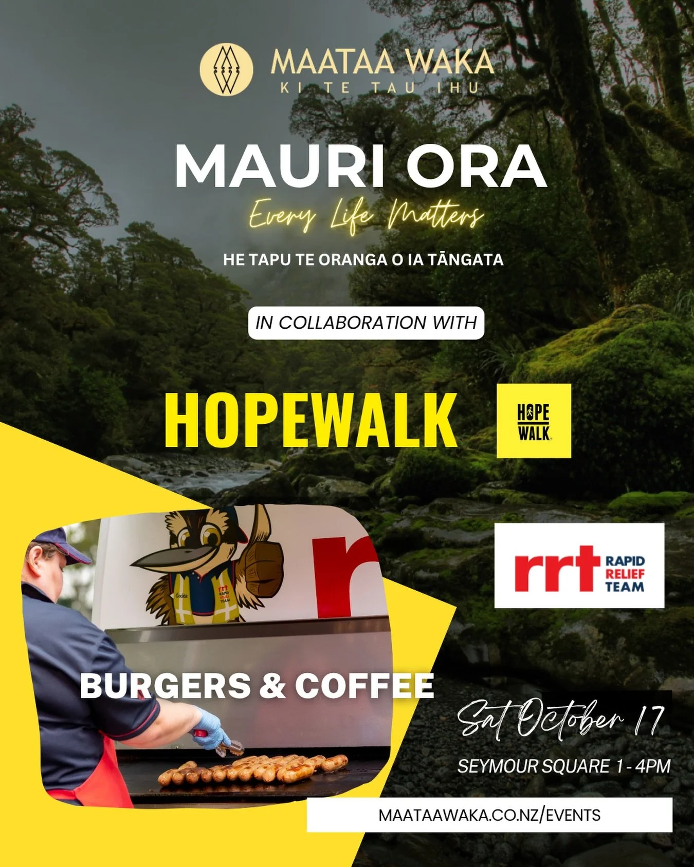 Hope Walk Mauri Ora Hīkoi ~ Saturday 17 October, 1pm, Seymour Square ✨ 

The Rapid Relief Team will be supporting this important kaupapa with coffee &amp; burgers on the day! 🍔🙌

Join us to acknowledge Every Life Matters with a hīkoi, guest speaker