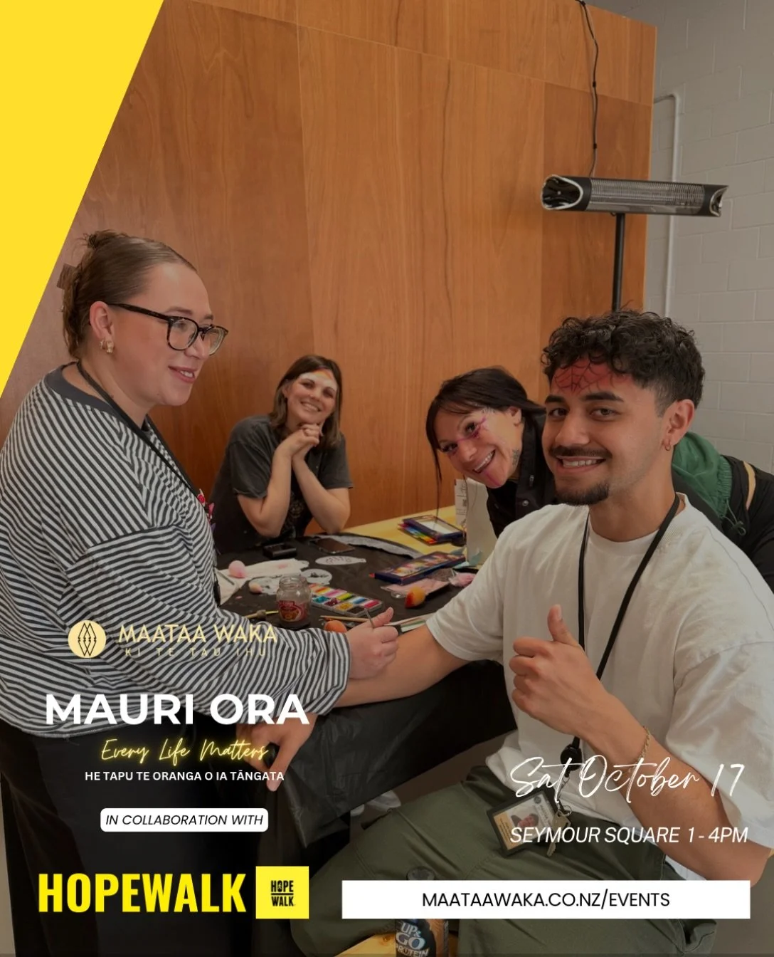 Our team practising their face painting for tomorrow👏🎨🖌️

It&rsquo;s set to be a nice day for the Hope Walk Mauri Ora Hīkoi!

We&rsquo;ll see you at Seymour Square at 1pm. All welcome!