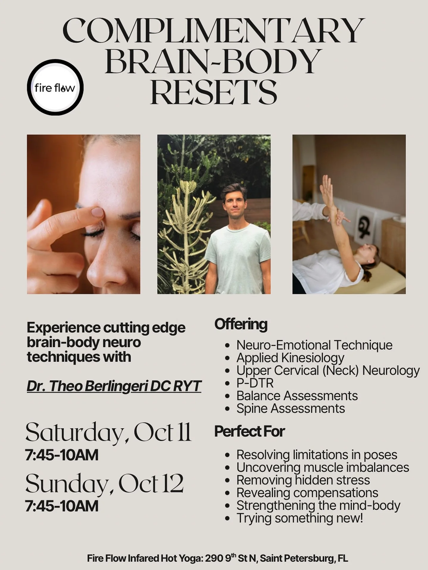 ✨ Free Wellness Pop-Up at Fire Flow St. Pete ✨
Yogis, movers, and wellness seekers&mdash;this one&rsquo;s for YOU. Come experience complimentary Neuro Resets designed to unlock balance, clarity, and energy in your practice and daily life.

Here&rsquo
