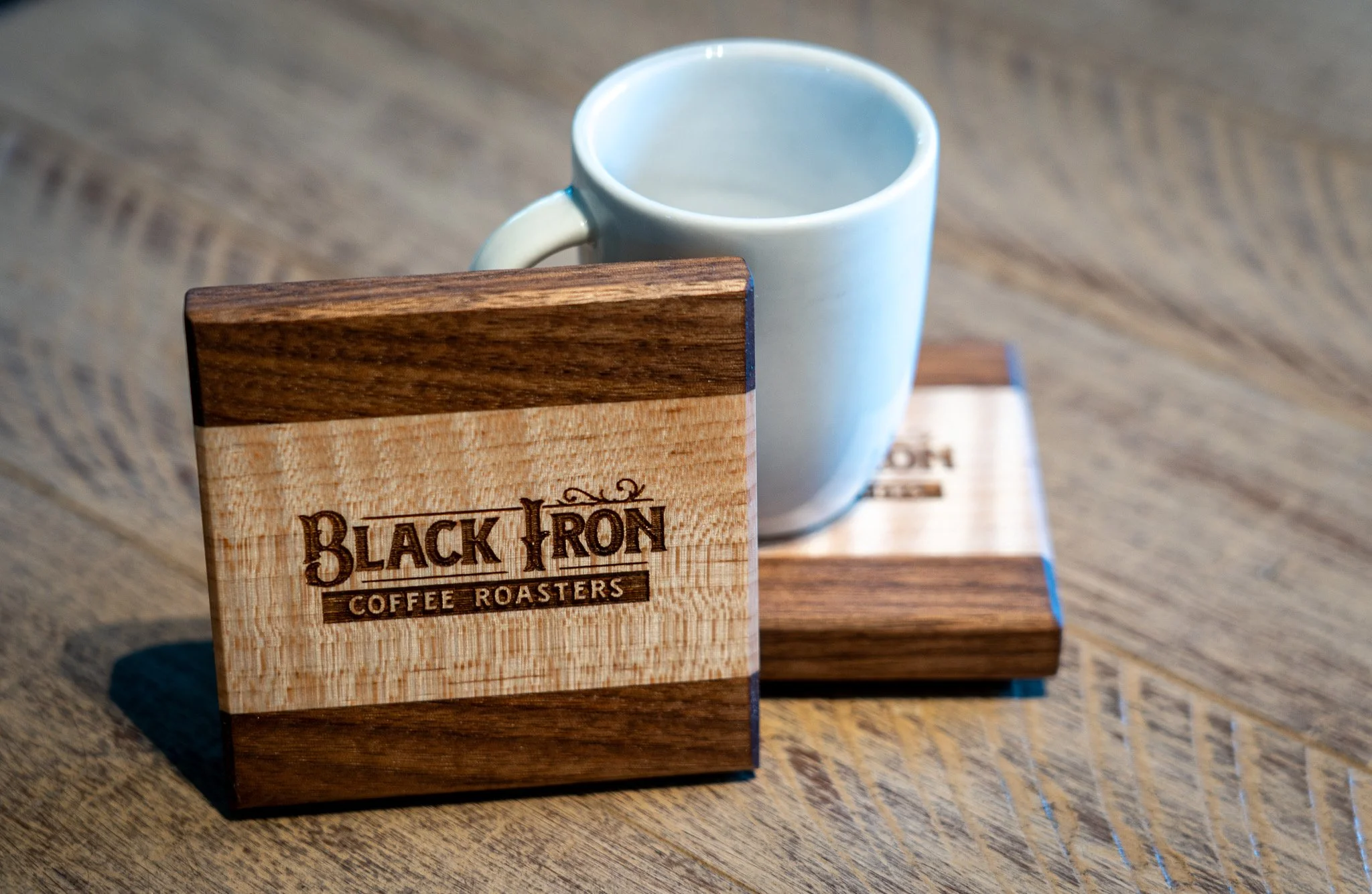 A custom coaster set gifted to our fellow small business owners, Black Iron Coffee Roasters in Howell, Michigan!