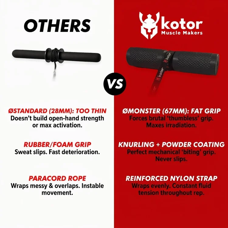 Comparison between a standard thin wrist roller and the kotor Wrist Roller with a 67 mm knurled handle and flat nylon strap