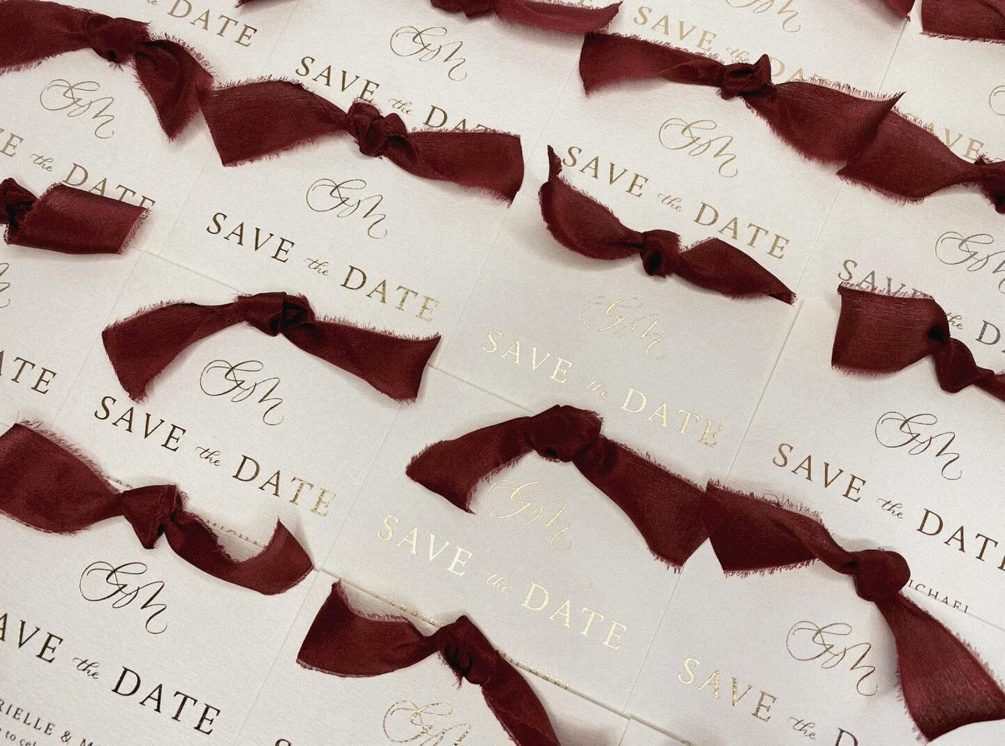 Hot foil save the dates for G &amp; M with burgundy ribbon 🤍

#hotfoilinvitations #metallicinvitations #goldweddinginvitations #savethedate #savethedatecards #weddingsavethedates #silkribboninvitation #goldweddinginvitation #goldweddinginspiration #