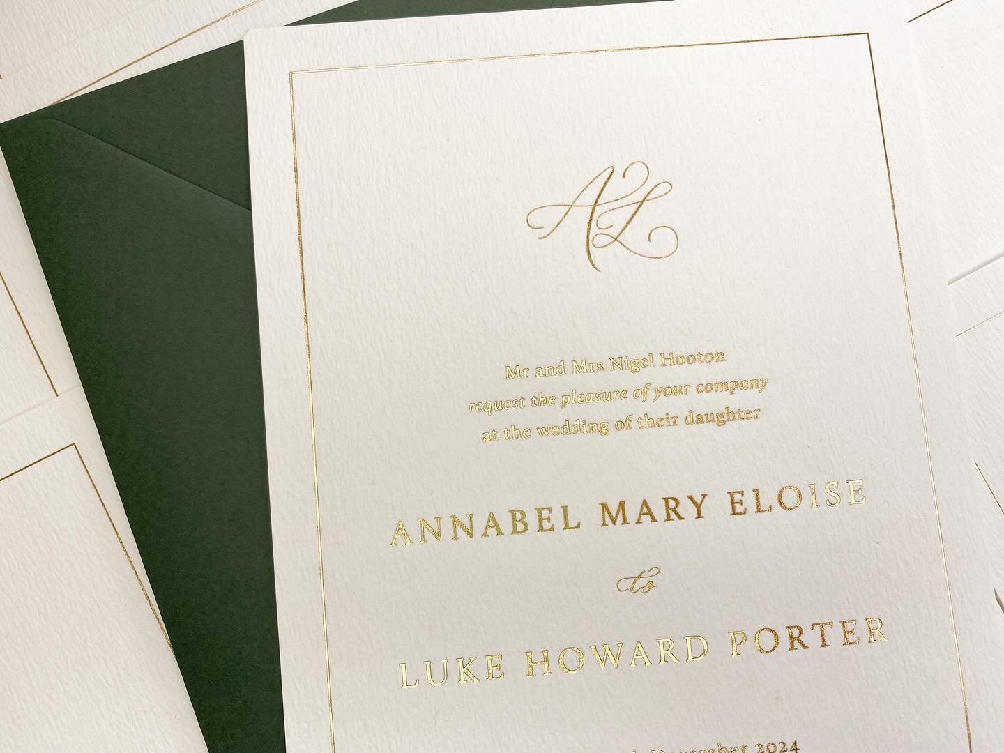 Hot foiled wedding invitation with a bespoke monogram for A &amp; L&rsquo;s winter wedding ✨

Printed onto textured recycled card with a forest green envelope 🤍

#winterweddinginvitation #winterweddinginvitations #winterweddinginspo #hotfoiledinvita