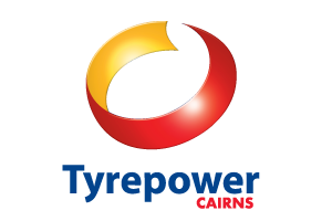Logo with a yellow and red circular design and blue text underneath