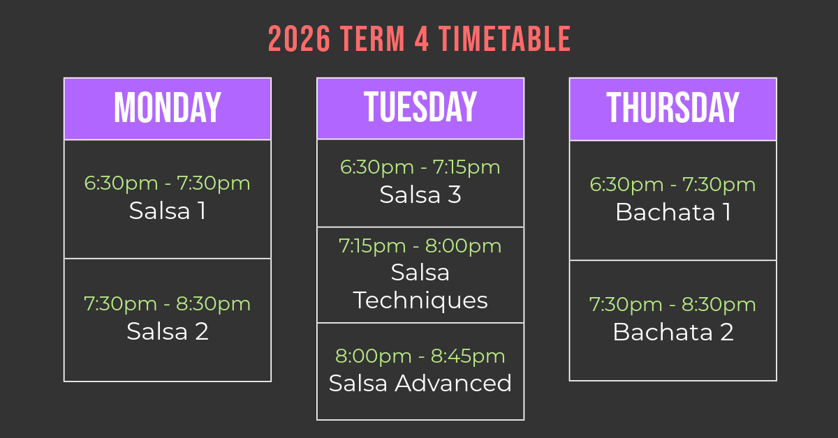 2026 Term 4 dance class timetable with classes scheduled Monday through Thursday, including Salsa and Bachata styles, with times in green text on a dark background.