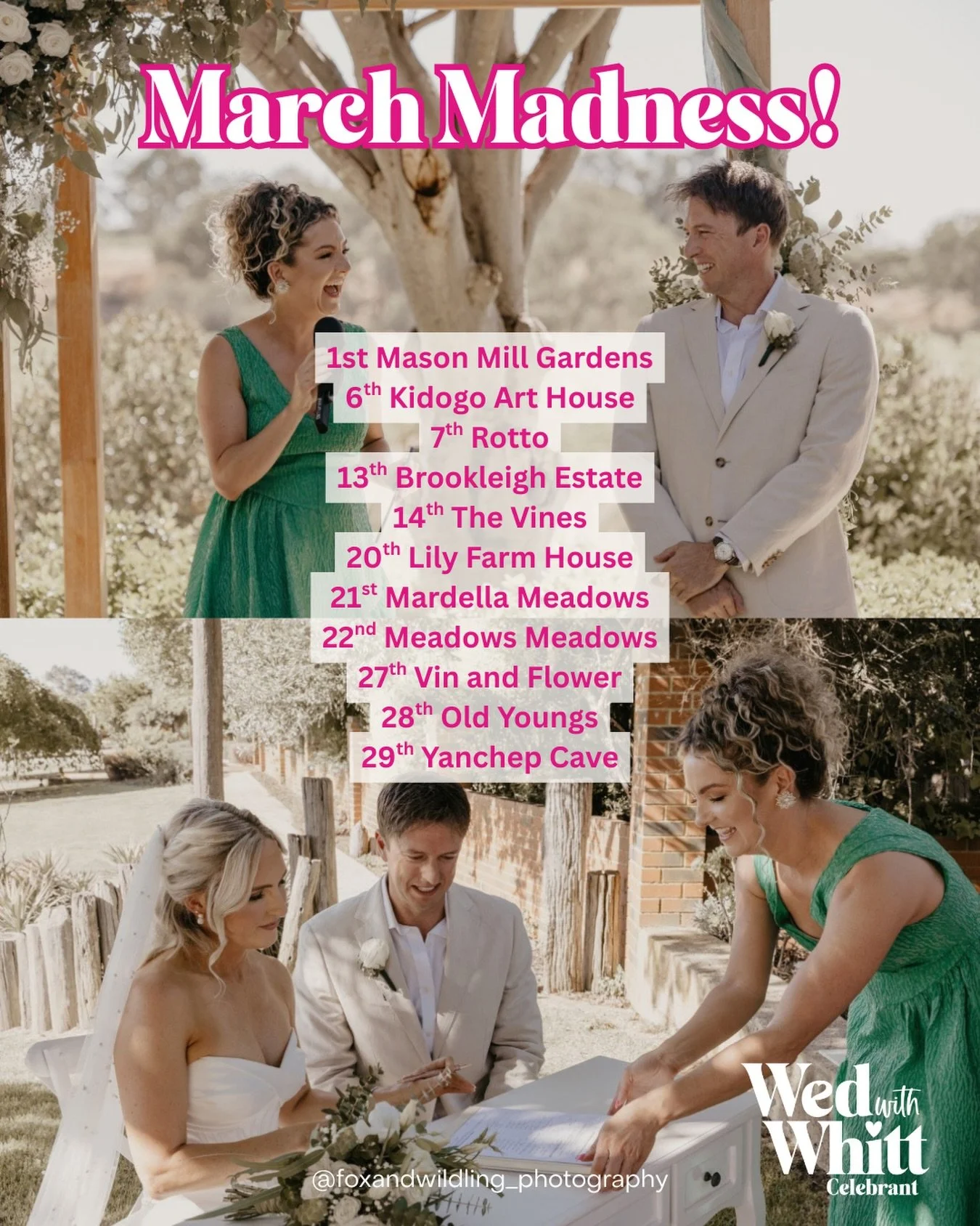 March is stacked and I&rsquo;d be lying if I said it wasn&rsquo;t a big one 😂

But also&hellip; this is what I dreamed of. Full calendars, full hearts &amp; full weekends watching my couples become married AF.

Every single date on this list is two 