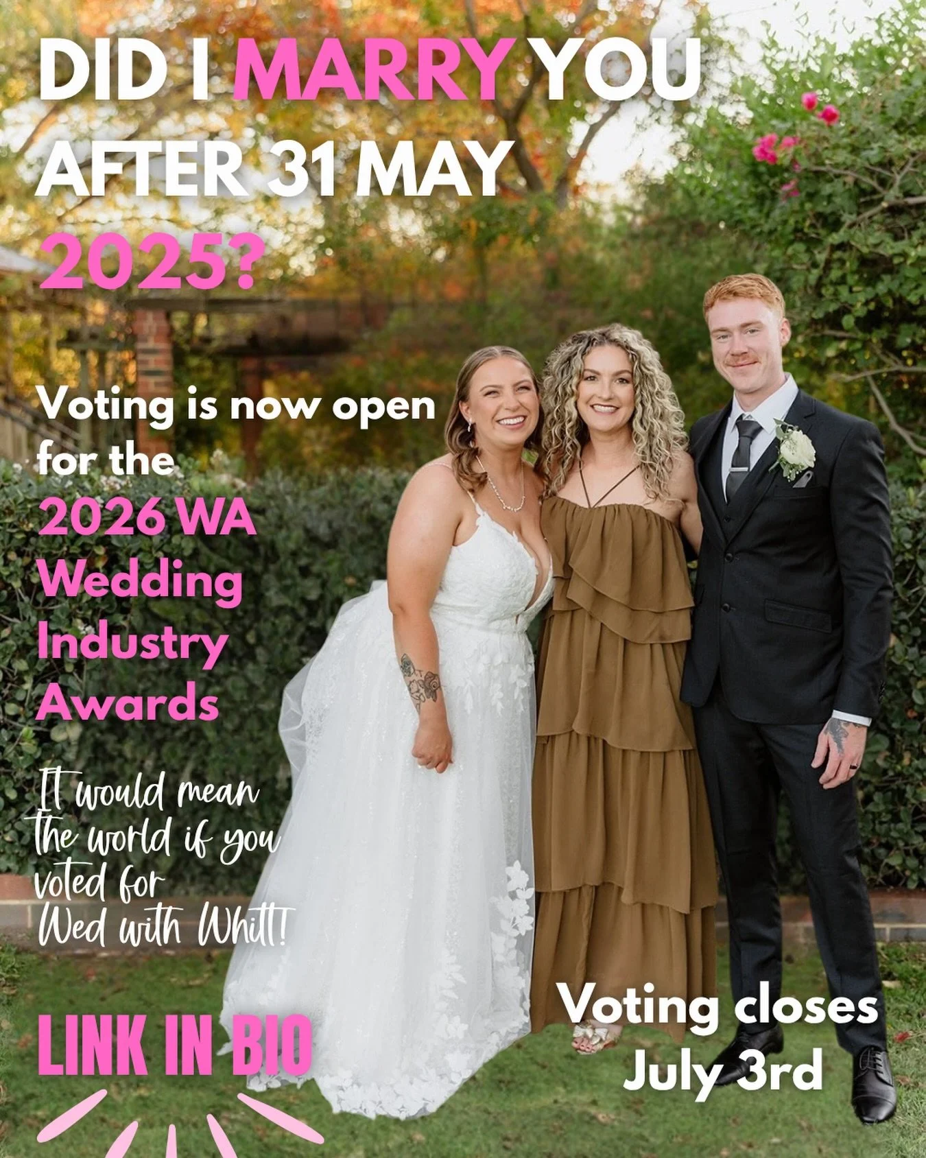 🚨 Calling all my Wed with Whitt couples!! 🚨

Did I have the absolute honour of marrying you between 31 May 2025 and now? 🥹

Voting is officially OPEN for the 2026 WA Wedding Industry Awards and I&rsquo;d be so bloody grateful for your vote! 🏆

Wi