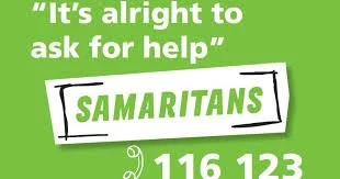 Green background with white and green text promoting Samaritan help services, including a phone number 116 123.